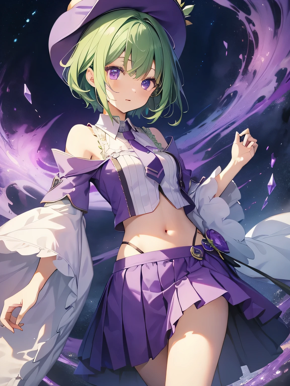 highest quality、very delicate and beautiful、(age girl)、purple eyes、green hair、short hair、(Purple Witch Hat)、purple tie、I、short sleeve、purple skirt、purple wizard'robe of、navel pussy、Are standing、facing forward、