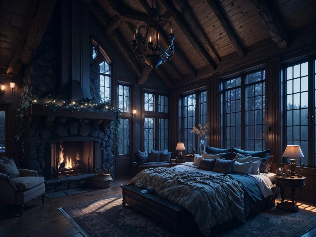 arafed bedroom with a fireplace and a large bed in it, dark bedroom, cozy and calm, bedroom full of fire, unreal engine realistic render, cozy and peaceful atmosphere, cozy room, cozy place, cozy setting, cozy environment, cozy atmospheric, photorealistic dark concept art, cozy wallpaper, warm interior, dimly lit bedroom, vray 8k render