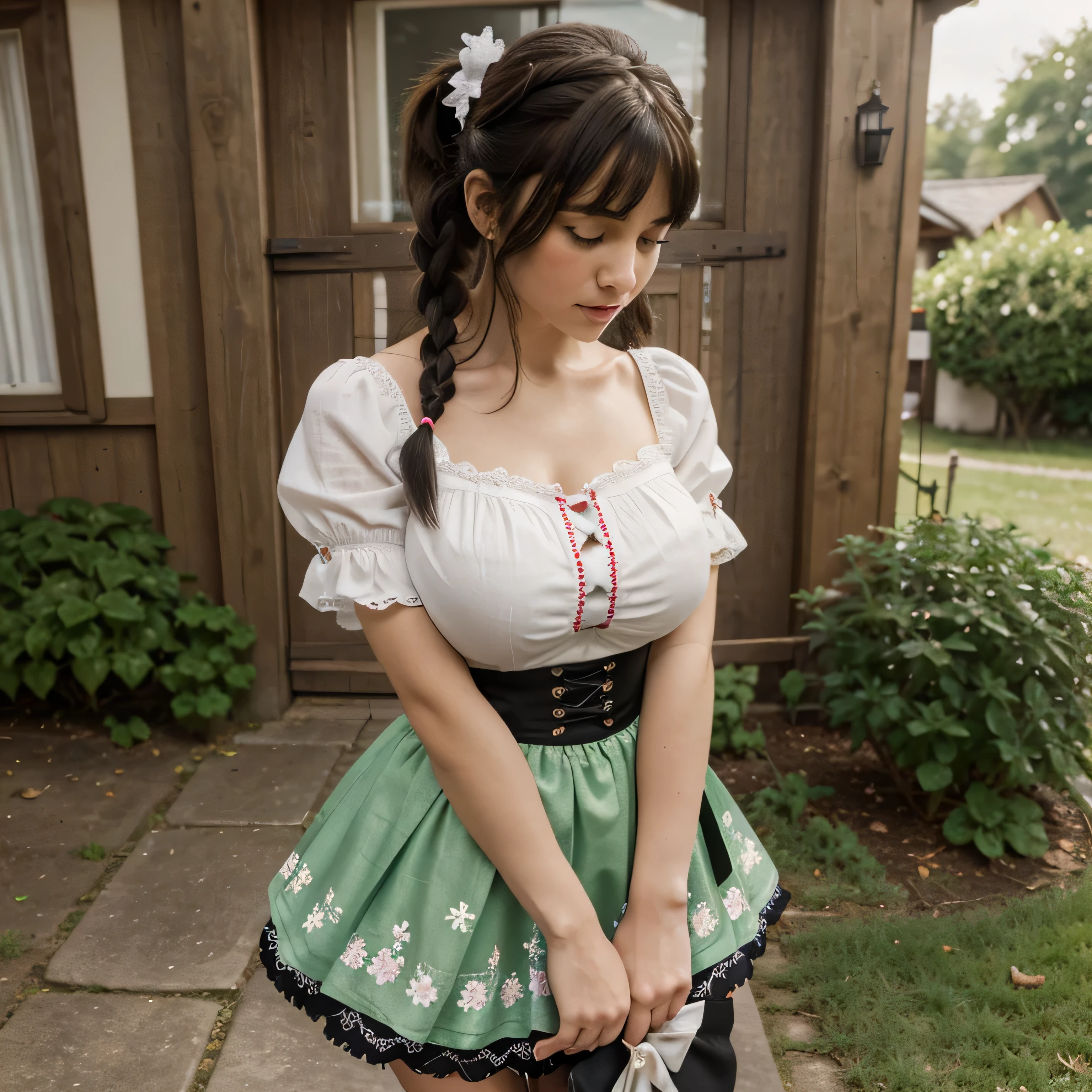 A beautiful hyperreal woman who represents Sailor Moon. Black hair, very big breasts, giant butt, tiny waist. Her face has Japanese anime features. Pigtails: she has long black hair that reaches approximately the middle of his back. Her distinctive hairstyle consists of two high, voluminous pigtails that extend up and out from the top of her head. Bows: At the base of each ponytail, she wears a large bow that keeps her hair in place. Bangs: She has short, blunt bangs that frame her face and curve to the sides. Costume: The traditional German dress that women wear at Oktoberfest is called a "Dirndl." The Dirndl is a charming and distinctive outfit consisting of several parts: Blouse: The top part of the Dirndl is usually a white blouse, either short-sleeved or long-sleeved, though short sleeves are more common. These blouses often feature lace, ruffles, or decorative embroidery at the neckline and cuffs. Bodice (Mieder or Miederhose): This is the fitted front part of the Dirndl that contours to the woman's torso. It is typically tailored and can come in vibrant colors like red, green, blue, or black. Bodices may be adorned with embroidery, bows, or ornamental buttons. They provide the main structure of the dress and enhance the figure. Apron (apron): Is an essential part of the Dirndl and is worn over the skirt. It can come in various colors and designs, but white or black aprons are most common. They often feature embroidery or floral details. Skirt (Rock): The Dirndl skirt is usually long and can vary in length from just above the knee to ankle-length. It can be pleated or plain and is made from high-quality fabrics such as cotton, linen, or silk. Skirt colors and patterns can vary widely, from floral prints to solid colors. Accessories: Women wearing Dirndls often pair them with other traditional accessories such as a silk scarf tied around the neck, lace stockings or knee-high socks, and traditional shoes like "Haferlschuh," which are leather shoes with laces