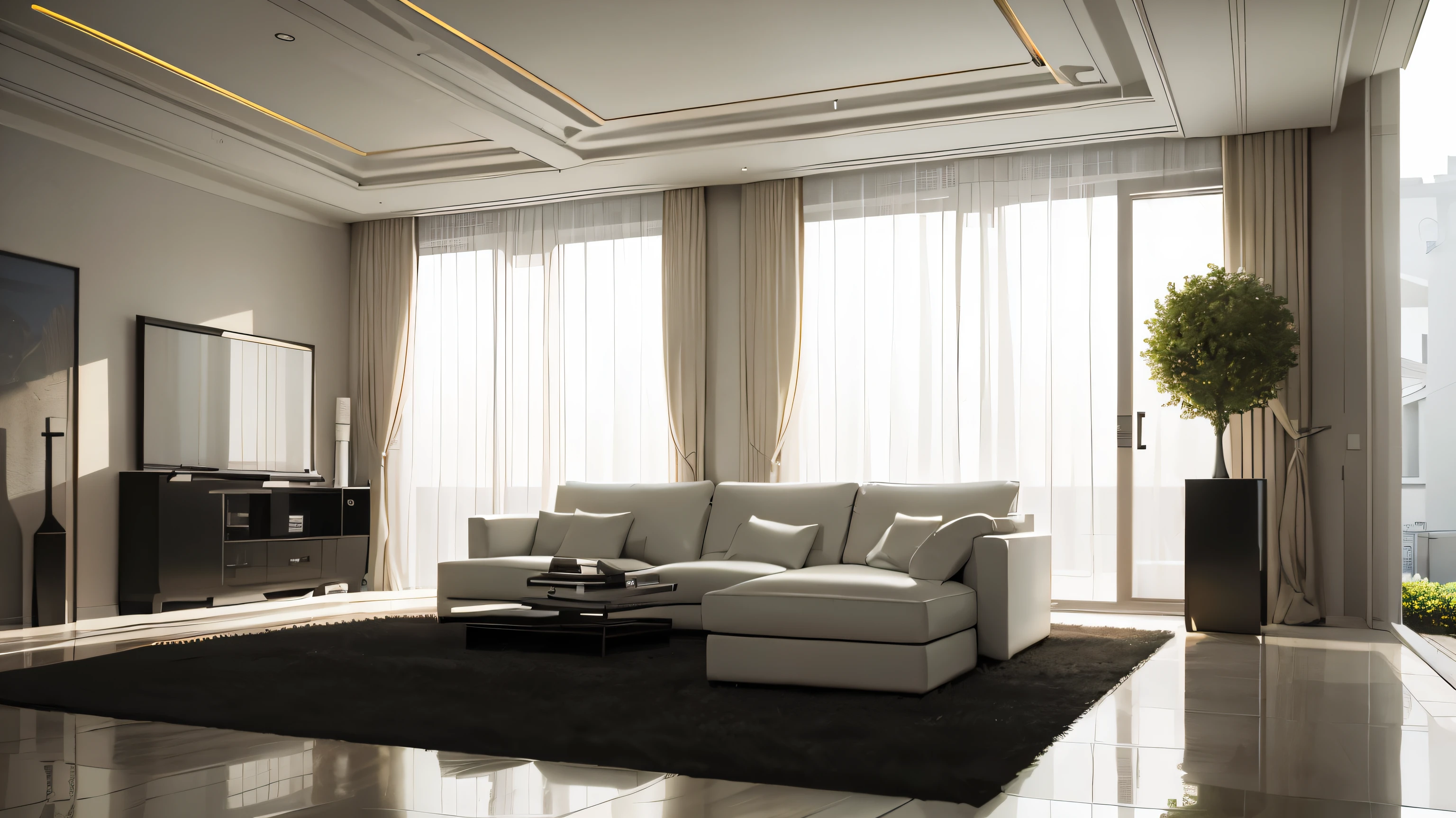 you are a famous interior designer、I was asked to create a 3D image of a large modern room.。. Create a harmonious environment with modern and minimalist furniture. Including garden interior.