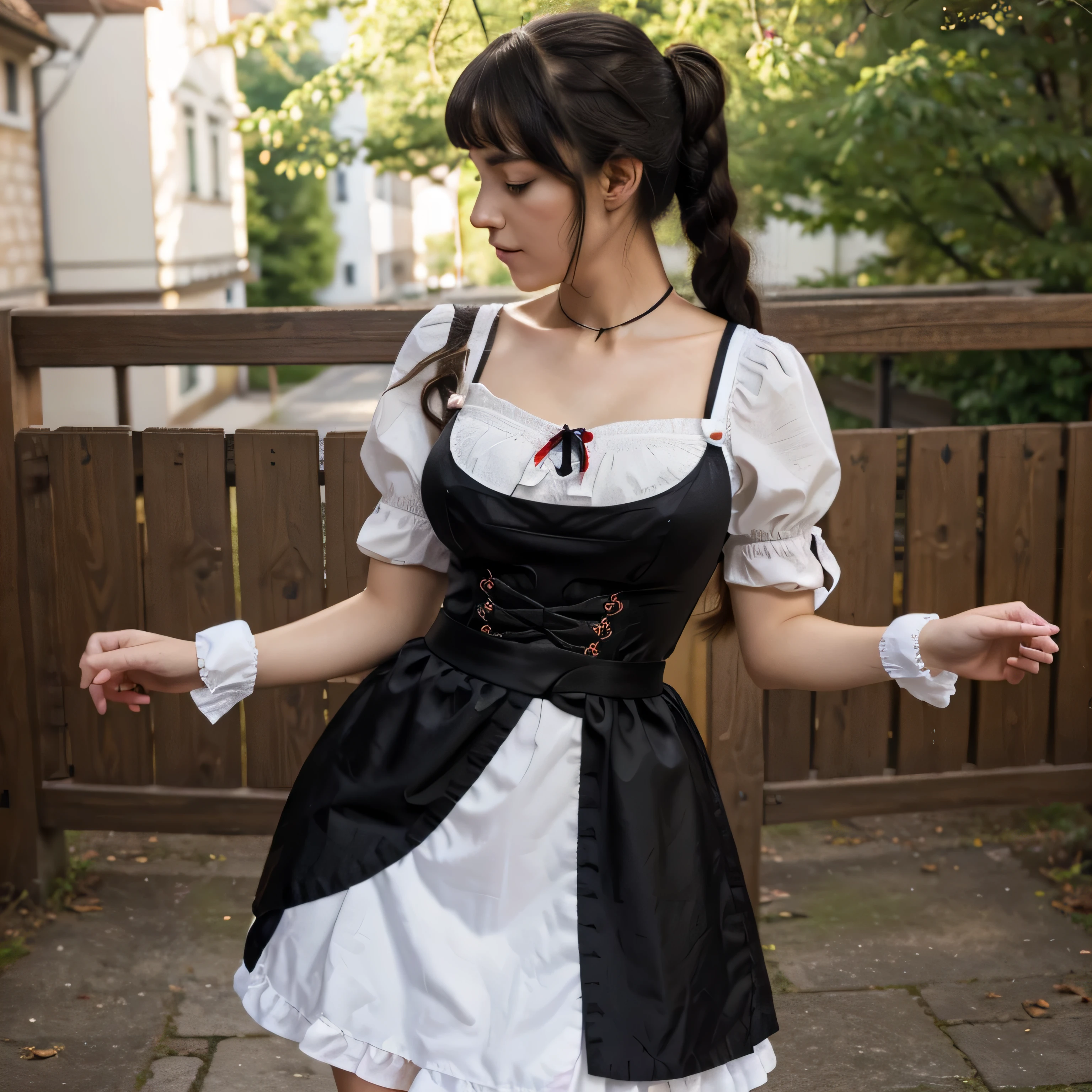 A beautiful hyperreal woman who represents Sailor Moon. Black hair, very big breasts, giant butt, tiny waist. Her face has Japanese anime features. Pigtails: she has long black hair that reaches approximately the middle of his back. Her distinctive hairstyle consists of two high, voluminous pigtails that extend up and out from the top of her head. Bows: At the base of each ponytail, she wears a large bow that keeps her hair in place. Bangs: She has short, blunt bangs that frame her face and curve to the sides. Costume: The traditional German dress that women wear at Oktoberfest is called a "Dirndl." The Dirndl is a charming and distinctive outfit consisting of several parts: Blouse: The top part of the Dirndl is usually a white blouse, either short-sleeved or long-sleeved, though short sleeves are more common. These blouses often feature lace, ruffles, or decorative embroidery at the neckline and cuffs. Bodice (Mieder or Miederhose): This is the fitted front part of the Dirndl that contours to the woman's torso. It is typically tailored and can come in vibrant colors like red, green, blue, or black. Bodices may be adorned with embroidery, bows, or ornamental buttons. They provide the main structure of the dress and enhance the figure. Apron (apron): Is an essential part of the Dirndl and is worn over the skirt. It can come in various colors and designs, but white or black aprons are most common. They often feature embroidery or floral details. Skirt (Rock): The Dirndl skirt is usually long and can vary in length from just above the knee to ankle-length. It can be pleated or plain and is made from high-quality fabrics such as cotton, linen, or silk. Skirt colors and patterns can vary widely, from floral prints to solid colors. Accessories: Women wearing Dirndls often pair them with other traditional accessories such as a silk scarf tied around the neck, lace stockings or knee-high socks, and traditional shoes like "Haferlschuh," which are leather shoes with laces
