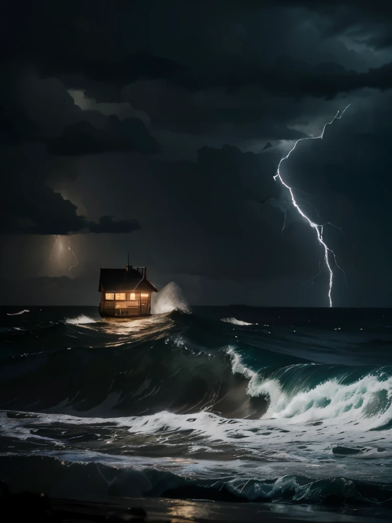 a wild sea at night in the midst of a thunderstorm, huge waves, lightning, on top of a wave far far off in the distance dances a tiny house like a little ship, the cozy house with light comming out of the windows, the image radiates the feeling of loneliness but also of a safe place in the midst of chaos and danger