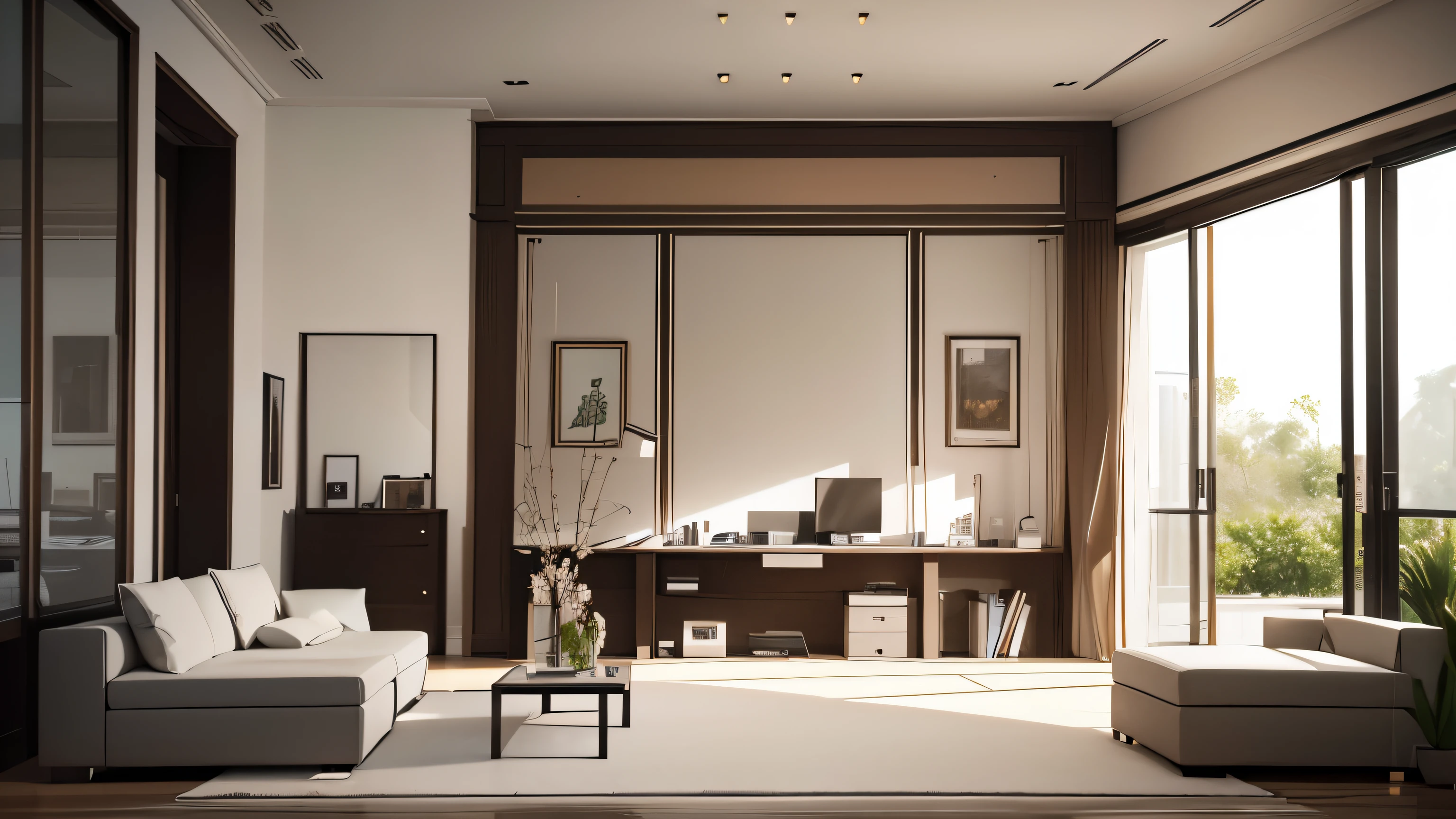 you are a famous interior designer、I was asked to create a 3D image of a large modern room.。. Create a harmonious environment with modern and minimalist furniture. Including garden interior.