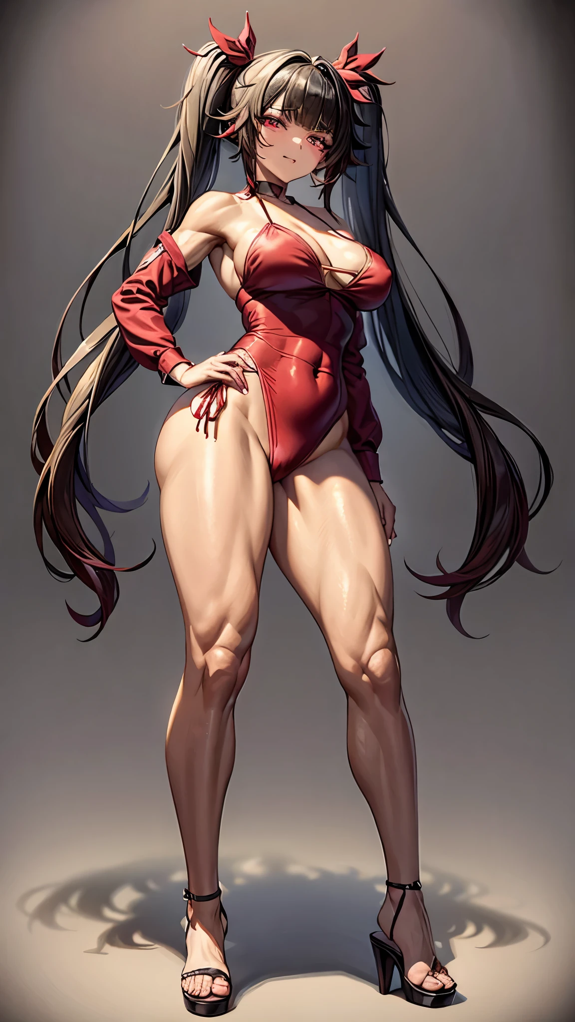 type: digital art style: anime style color: predominantly red with contrasts of black and white, eye color: bright crimson red, with luminous reflections. Hair color Black with red highlights, Hairstyle: Long with twintails, adorned with traditional red and gold hair ornaments, mischievous and playful smile with a touch of mischief))), mask on head, hair ornament, muscular legs, (( (beach scene))), Standing, (full body photo), manicured nails, red nails, ((looking at me showing me her big ))), (((wearing a very short and sexikini) ) ), High definition