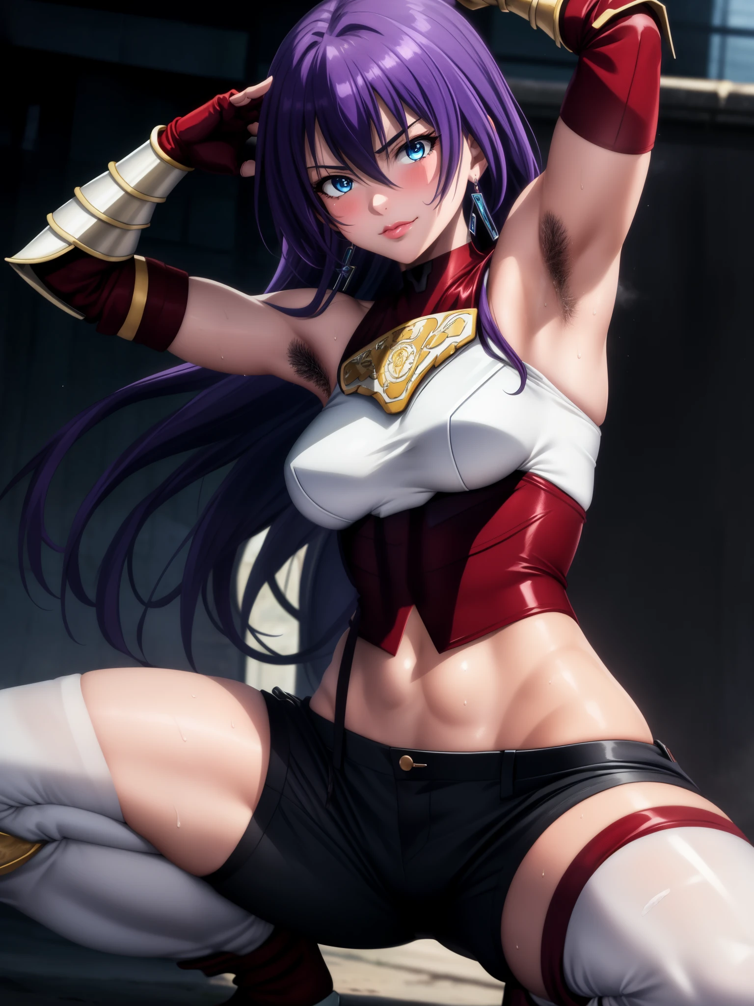 masterpiece, nsfw, perfect lighting, ultra_detailed,  ((1girl)), smug, squatting, muscular female, smug, ArthurPgon, 1girl, purple hair, long hair, bangs, hair between eyes, blue eyes, jewelry, earrings, lips, medium breasts, (armor), bare shoulders, red gloves, fingerless gloves, hip vent, clothing cutout, (pants), arms raised, armpits, (armpit hair:1.4), armpit crease, armpit focus, spread armpit, armpit fetish, sweaty armpit, looking at viewer, detailed face, 