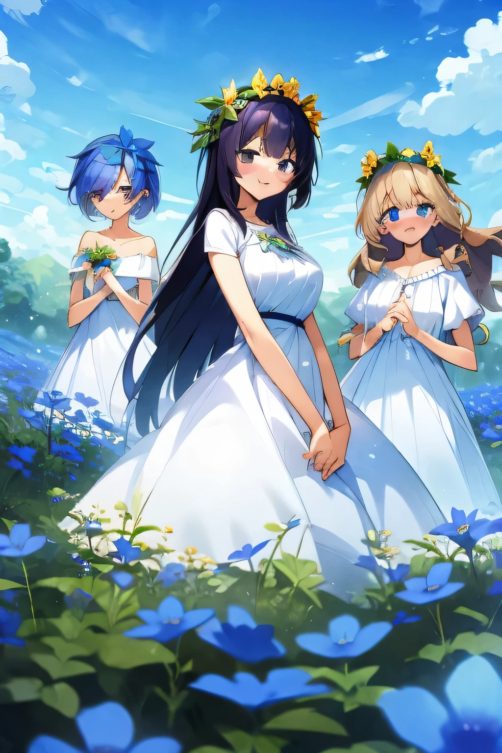 masterpiece, best quality, 4 girls, in blue flower fields, cute white dress, happy face, smile, flower crown on head
