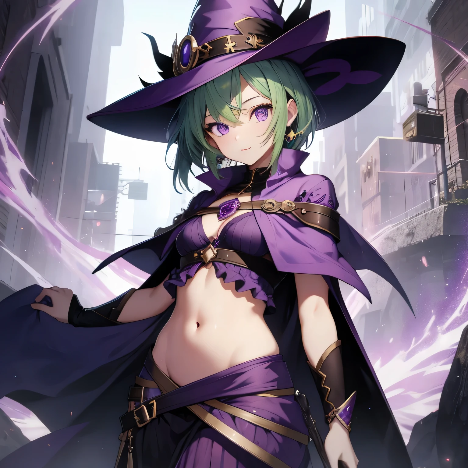 best image quality、highest quality、beautiful eyes、purple eyes、green hair、belly button、Purple Witch Hat