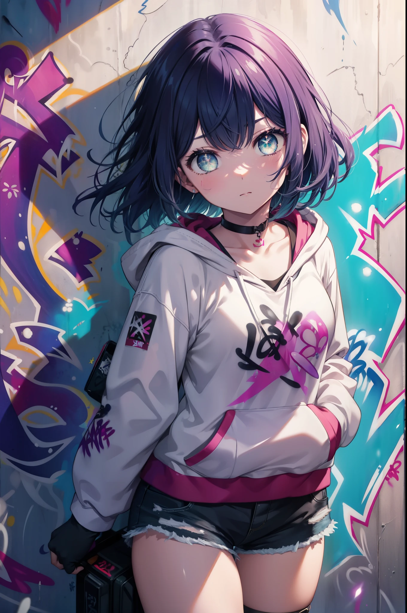 akanekurokawa, Akane Kurokawa, aqua eye, blue hair, medium hair, side lock,black hoodie,wearing a hood,denim shorts, choker, (graffiti:1.5), paint splatters, turn your arms behind your back, towards the wall, looking at the viewer, thigh strap, head tilt, was bored, blow bubble gum, pink bubble gum,
壊す looking at viewer,
break outdoors, destroy the back alley (masterpiece:1.2), highest quality, High resolution, unity 8k wallpaper, (figure:0.8), (detailed and beautiful eyes:1.6), highly detailed face, perfect lighting, Very detailed CG, (perfect hands, perfect anatomy),