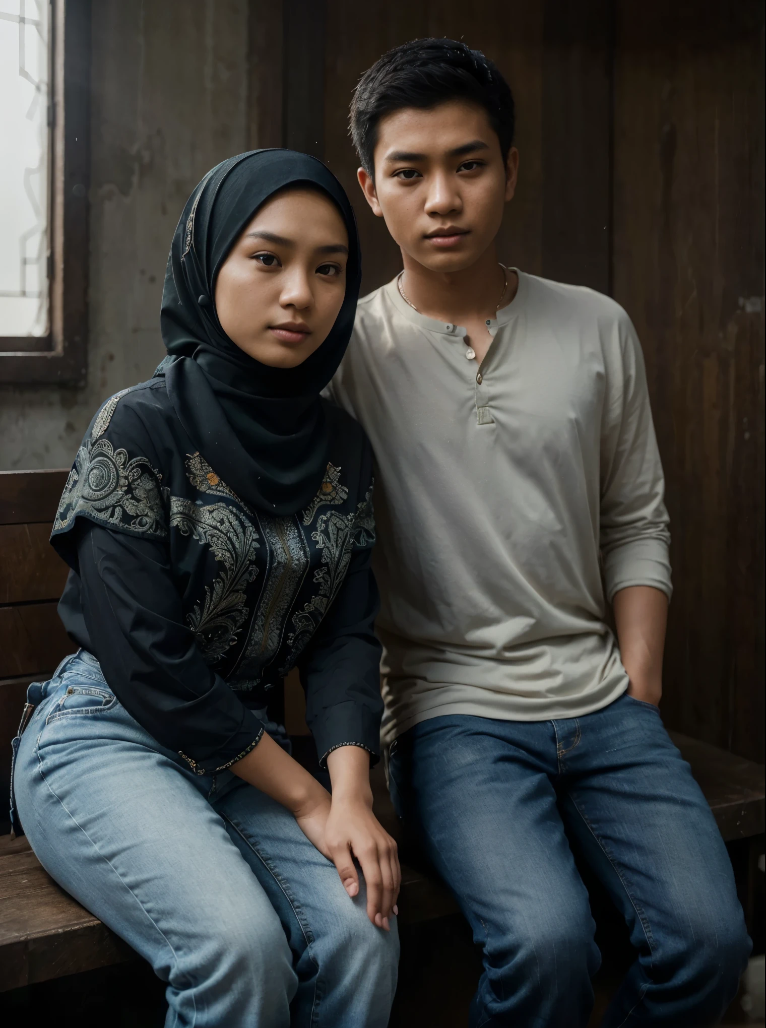 a young Indonesian man sits posing next to a young Indonesian woman. beautiful young woman, Hijab, Dress, jeans. best quality, realistic, photorealistic, (intricate detail: 1.2), (fine detail), (cinematic light), clear lines, sharp focus, realistic face, detailed face, unity 8k wallpaper, very high resolution, (photorealistic: 1.4), He was looking at the audience