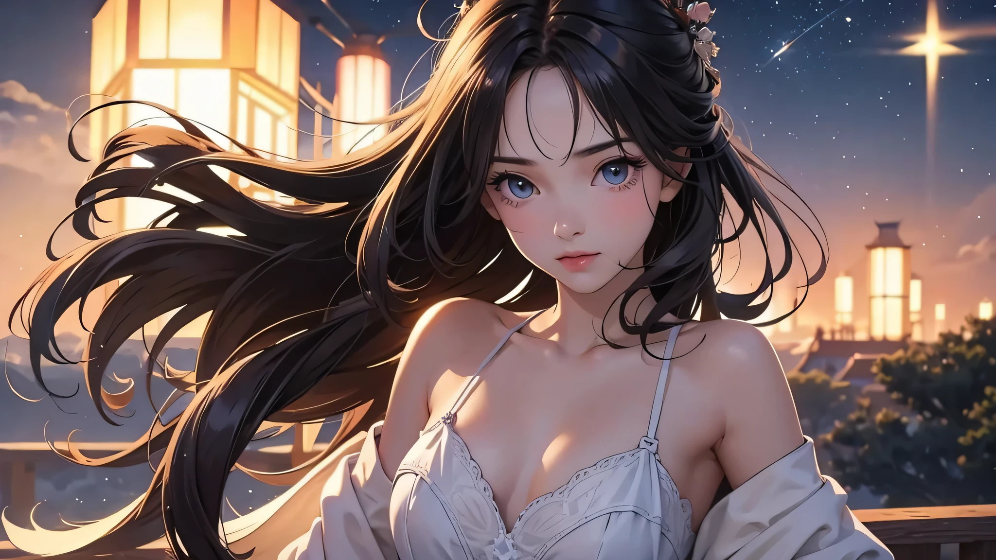 beautiful detailed girl, very detailed eyes and face, beautiful and fine eyes, huge file size, High resolution, very detailed, highest quality, figure, very detailed, small details, highest quality, 8k wallpaper, movie lighting,  Japanese junior highl student, long hair, Earnest look, Under a star-filled sky, sing on a small hill, Fantastic sight, slender body, young face, small breasts, A ray of light descends from the starry sky,