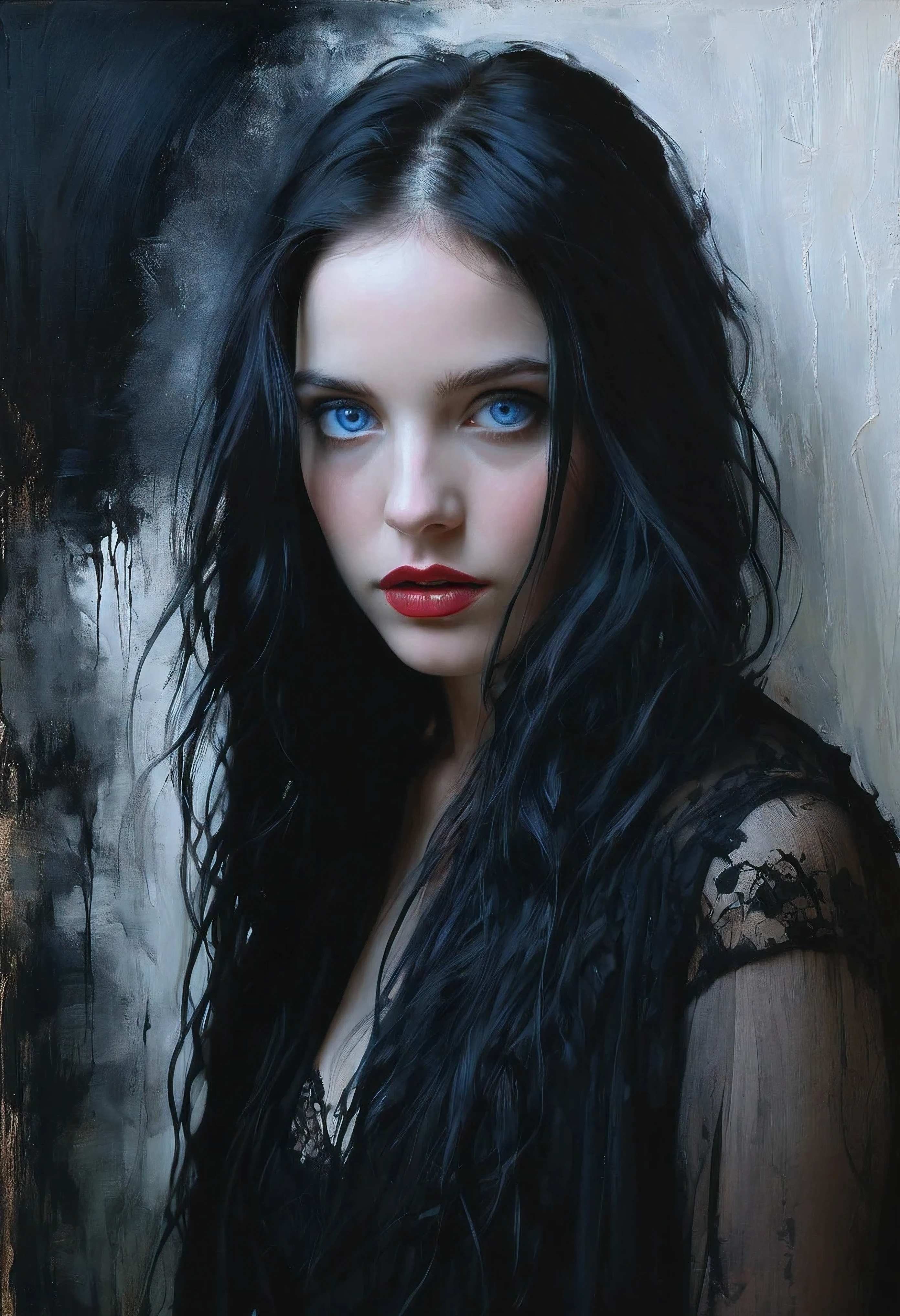 (silicone breast prosthesis)woman, beautiful face, perfection face, blue eyes full black hair, white skin, a bit , sexy, perfection, Face zoom in, Take the photo close to your face against a completely white background wall, , highest quality, detailed, Canon EOS 80D Photo, Tall face, indoor,HCasey Baugh's evocative style, A gothic girl emerges from the depths of darkness, Her essence is、A fascinating blend of mystery and charm. With piercing eyes and flowing ebony hair, Creates a mysterious presence、draw the viewer into your world. Bo's brushstrokes are、He imbues his paintings with a unique combination of realism and abstraction.。, Emphasize the girl's delicate features、contrast with a deep background, Rich shades. By the interaction of light and shadow、Adds depth and dimension to your work, Create a hauntingly beautiful depiction of this Gothic muse. Baugh's distinctive style captures the essence of the girl's enigmatic nature, invites viewers to explore the depths of her soul. sign, detailedXL,ink ,style