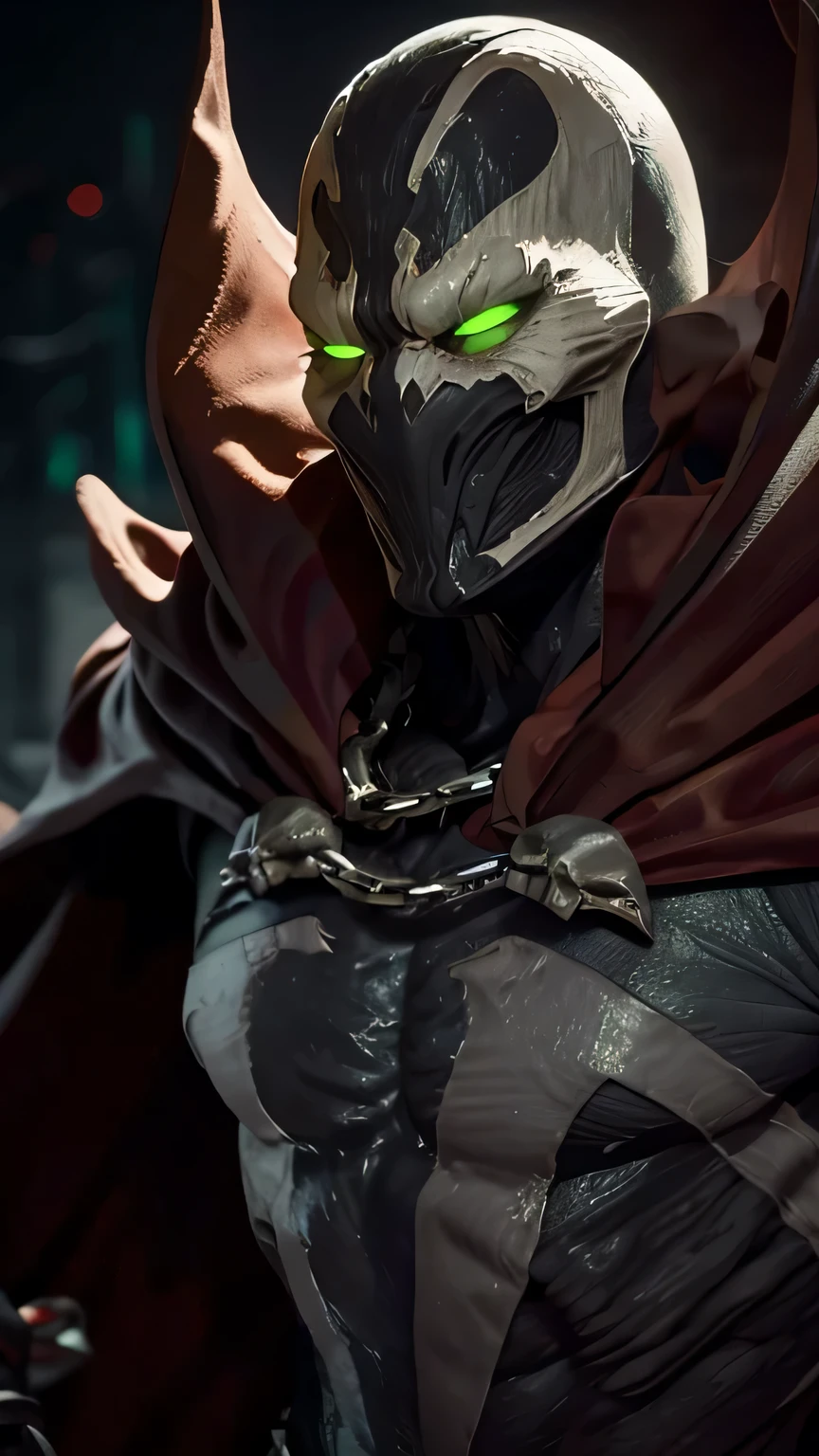 pixar style, closeup, focus on eyes, spawn2023, long red collar, red cowl, red cape, chains, skulls, glowing green eyes, textured suit, red gauntlets, spikes, dramatic lighting, 8k, muscular, uhd, best quality, award winning photo, rtx on, unreal engine 5, absurdres, long cape, large red boot, large gauntlet, flowing cape, asymmetrical red Armor,  mask, night, dramatic lighting, epic red cape, wide shoulders, spike shoulders, silver chain, cgi