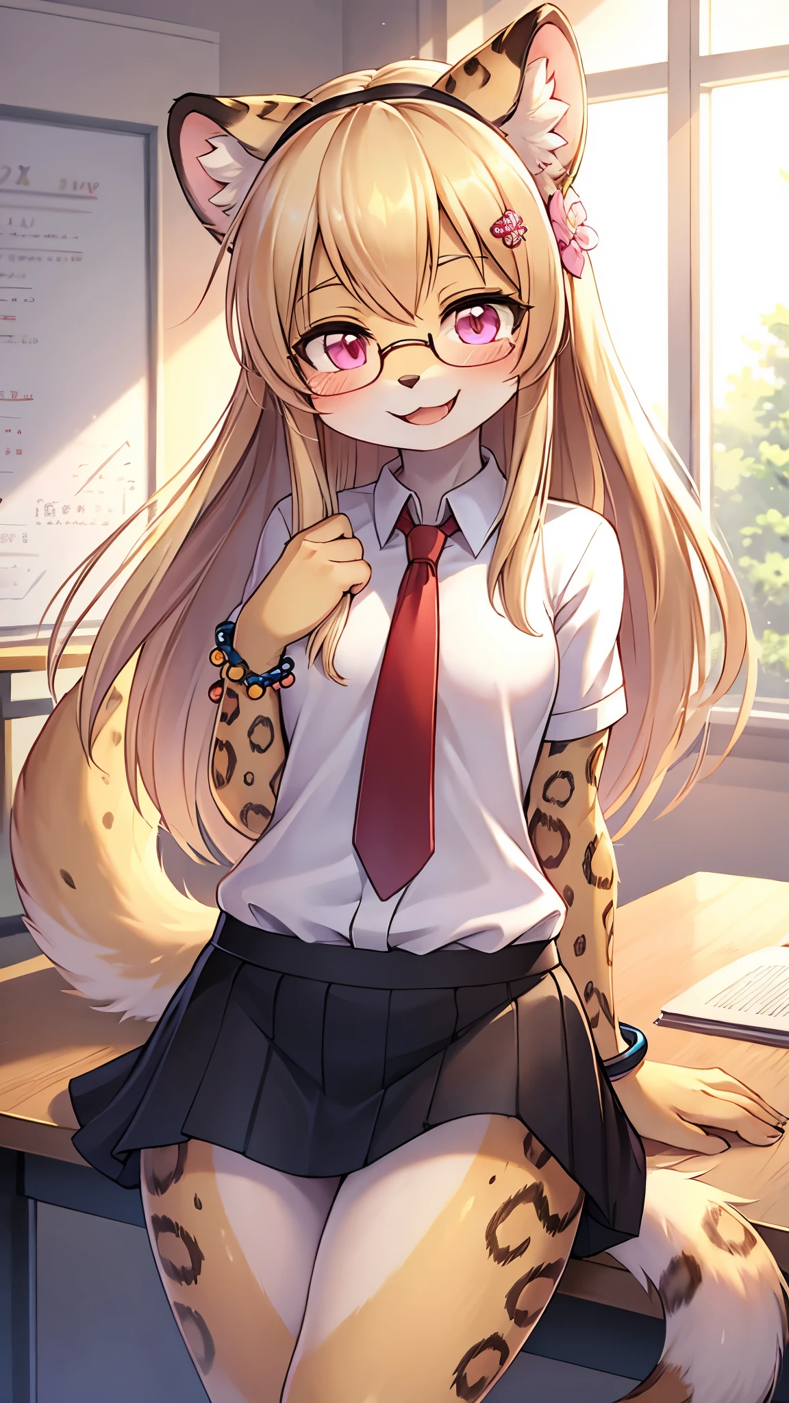 snow leopard girl,pink eyes,yellow long hair,beige leopard ears,beige leopard tail,black leopard print,beige leopard fur,white shirt,red necktie,dark blue mini skirt,flower hairpin,glasses,bead bracelet,classroom,morning,white sunlight,looking at viewer,smile,excited face,full face blush,upper body only