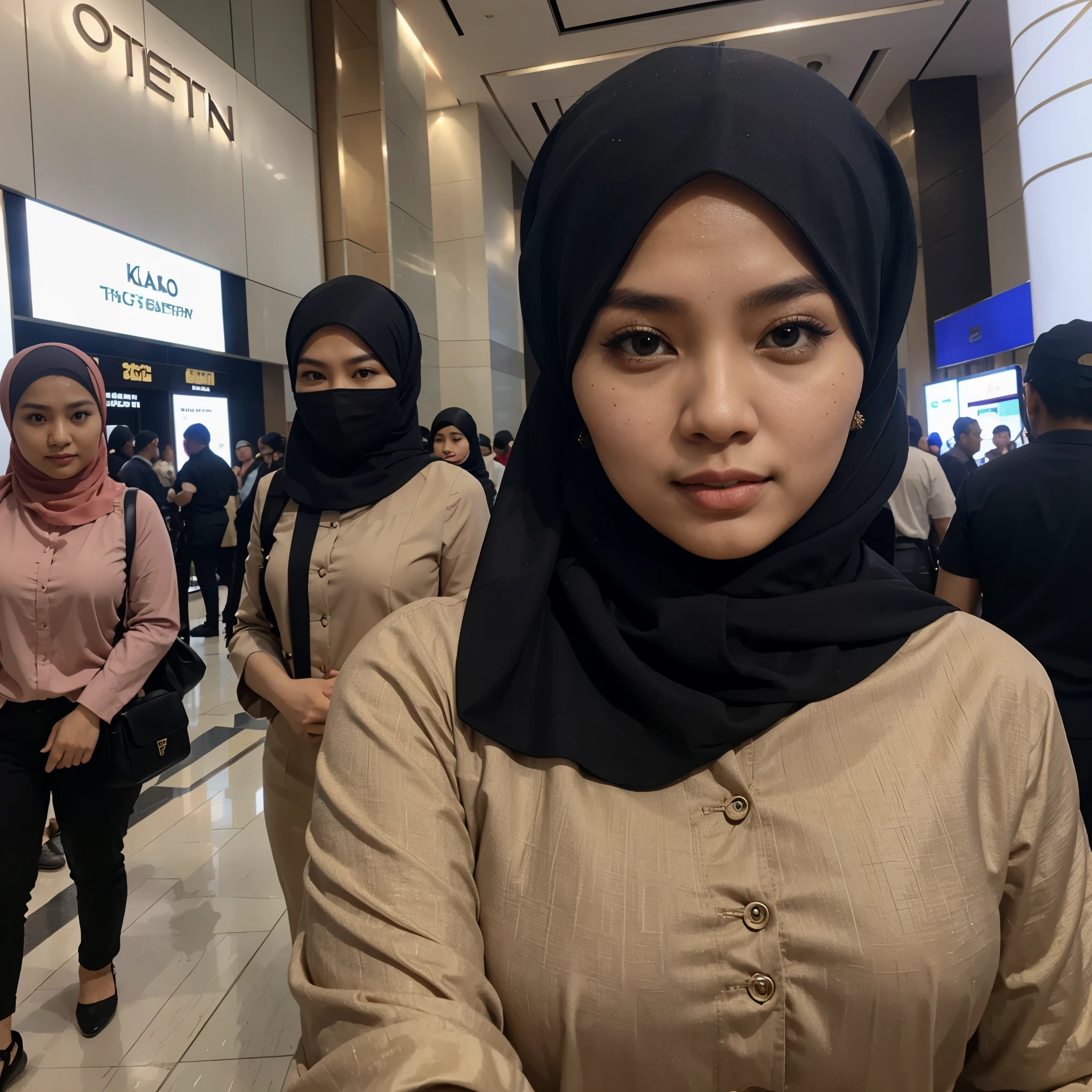 Malay lady, wearing hijab, selfie at KLCC