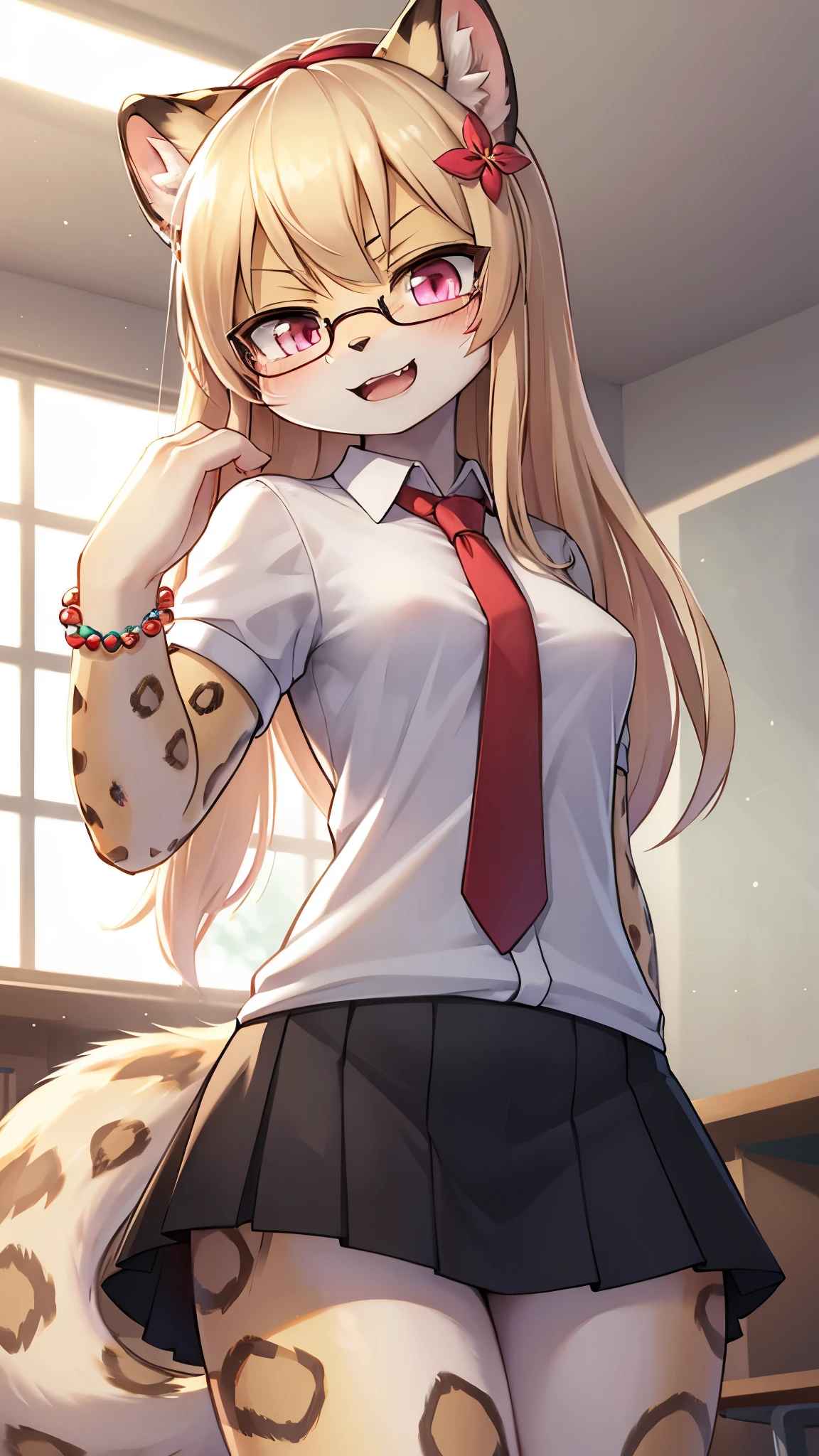 snow leopard girl,pink eyes,yellow long hair,beige leopard ears,beige leopard tail,black leopard print,beige leopard fur,white shirt,red necktie,dark blue mini skirt,flower hairpin,glasses,bead bracelet,classroom,morning,white sunlight,looking at viewer,smile,angry face,open mouth,full face blush,stand,low angle