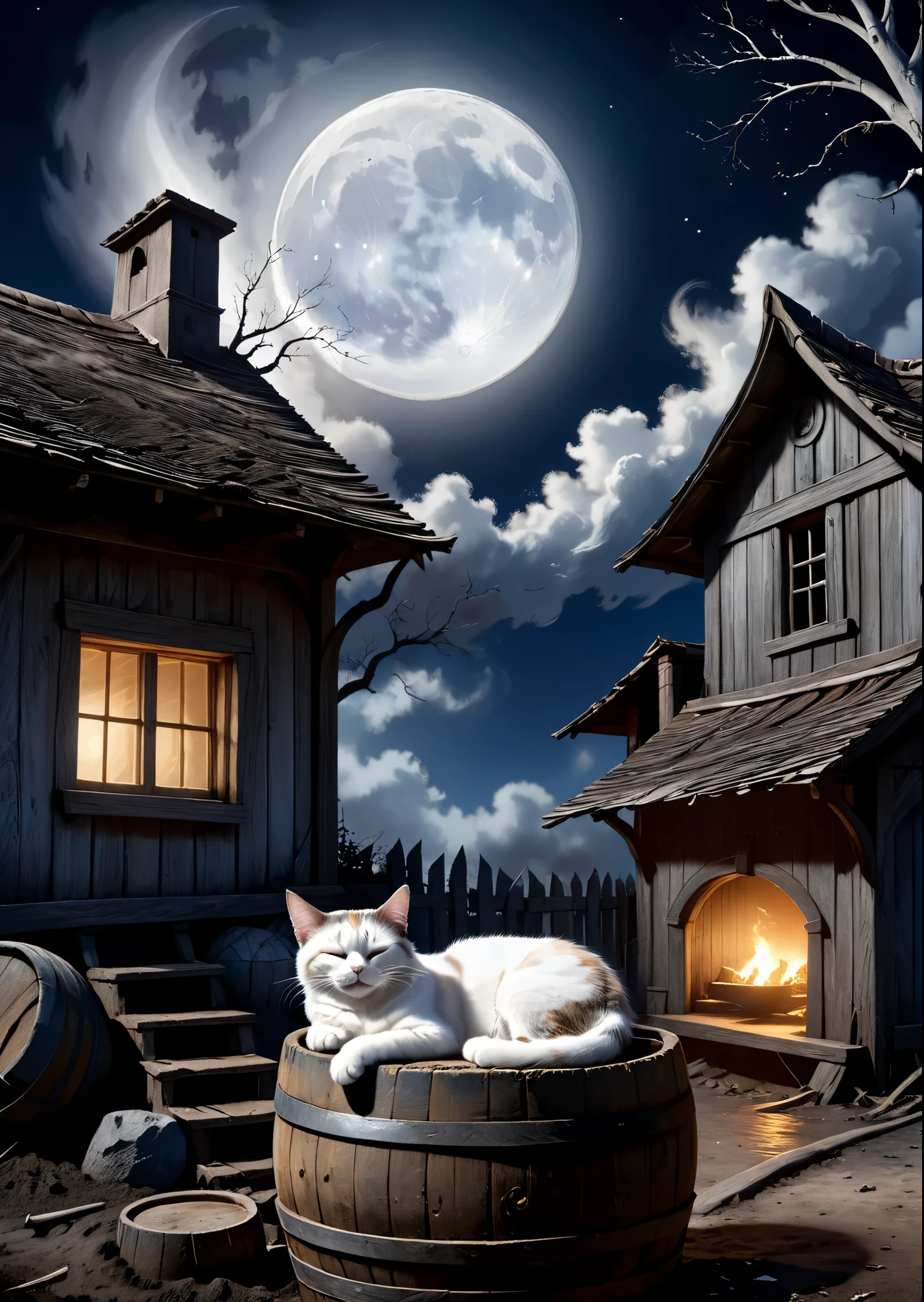 A cat sleeping on a large wooden barrel in front of an old mud-walled house、White smoke is coming out of the chimney、Under a dead tree、moon night、The moon is half hidden in clouds、thriller、Tim Burton Films、High color rendering、high detail