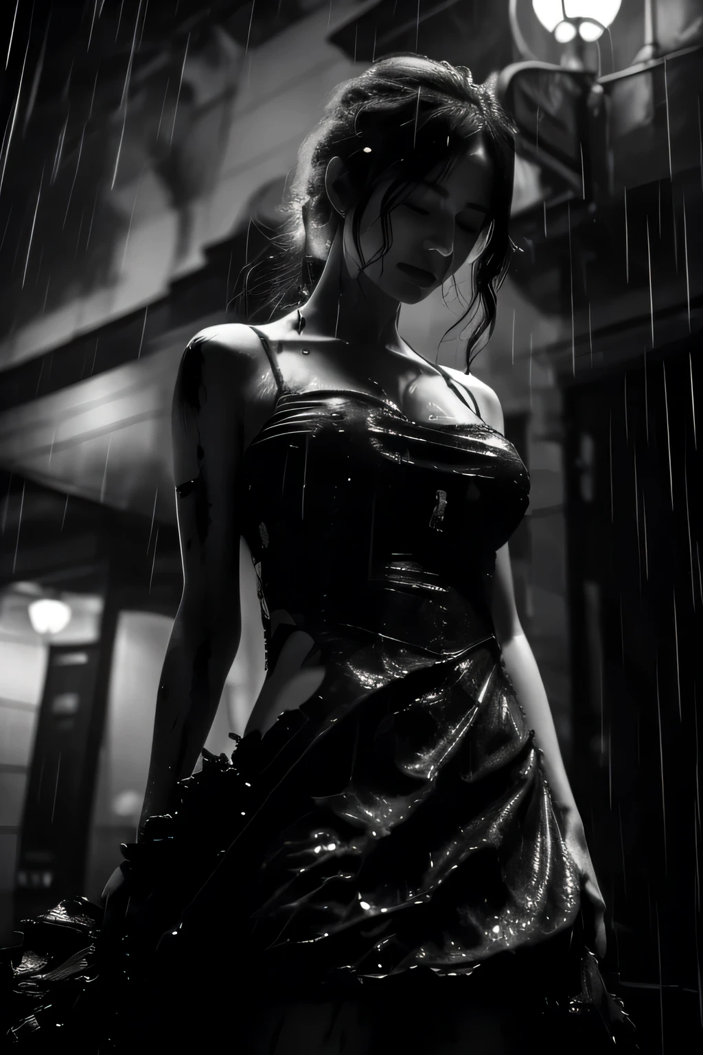 (NFV), Masterpiece, Best quality, monochrome, 1 girl, blurred, sky, big breasts, torn dress, closed eyes, night, rain, wet, blood, (Lying:1.1) 