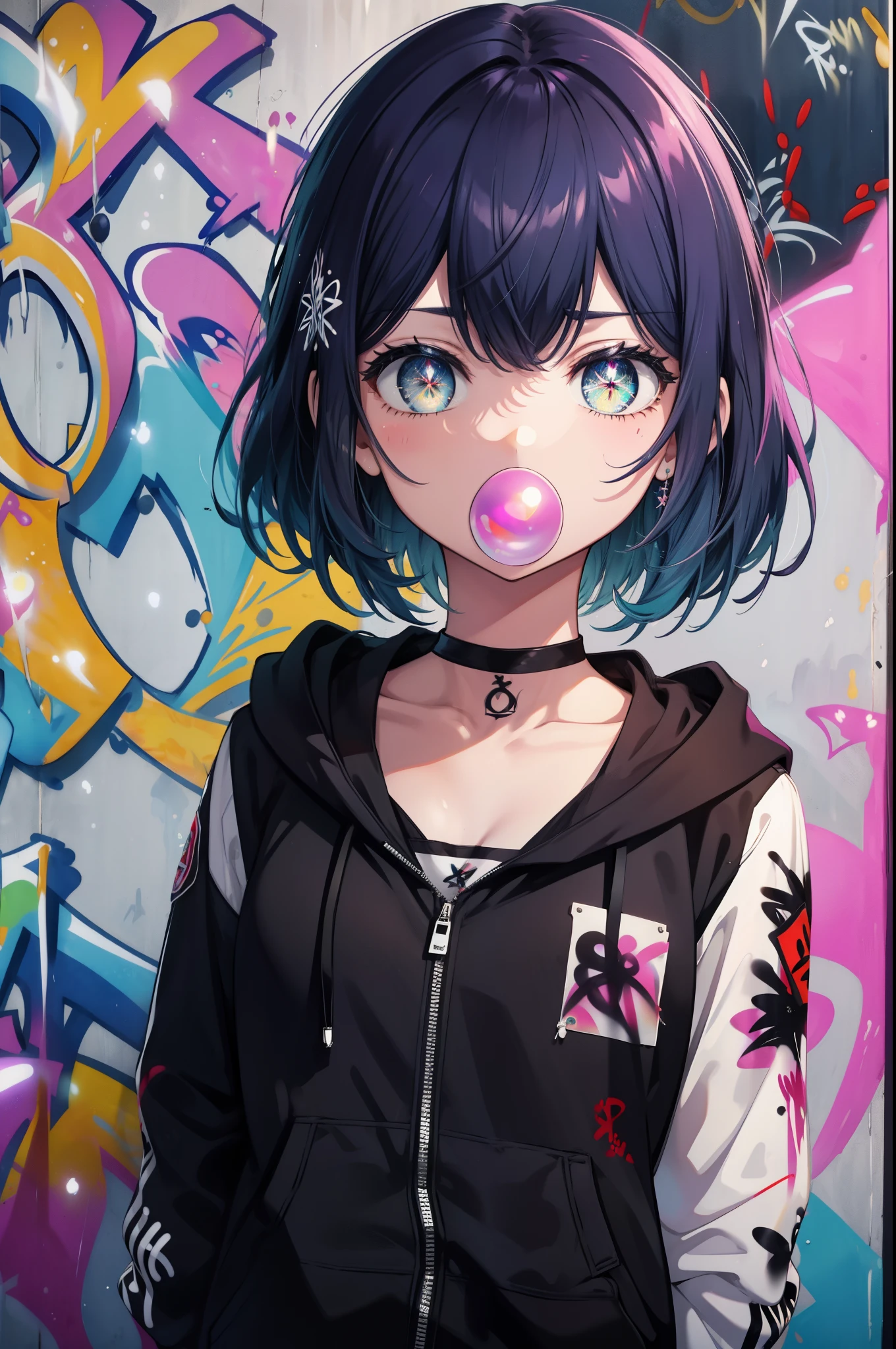 akanekurokawa, Akane Kurokawa, aqua eye, blue hair, medium hair, side lock,black hoodie,wearing a hood,denim shorts, choker, (graffiti:1.5), paint splatters, turn your arms behind your back, towards the wall, looking at the viewer, thigh strap, head tilt, was bored, blow bubble gum, pink bubble gum,
壊す looking at viewer,
break outdoors, destroy the back alley (masterpiece:1.2), highest quality, High resolution, unity 8k wallpaper, (figure:0.8), (detailed and beautiful eyes:1.6), highly detailed face, perfect lighting, Very detailed CG, (perfect hands, perfect anatomy),