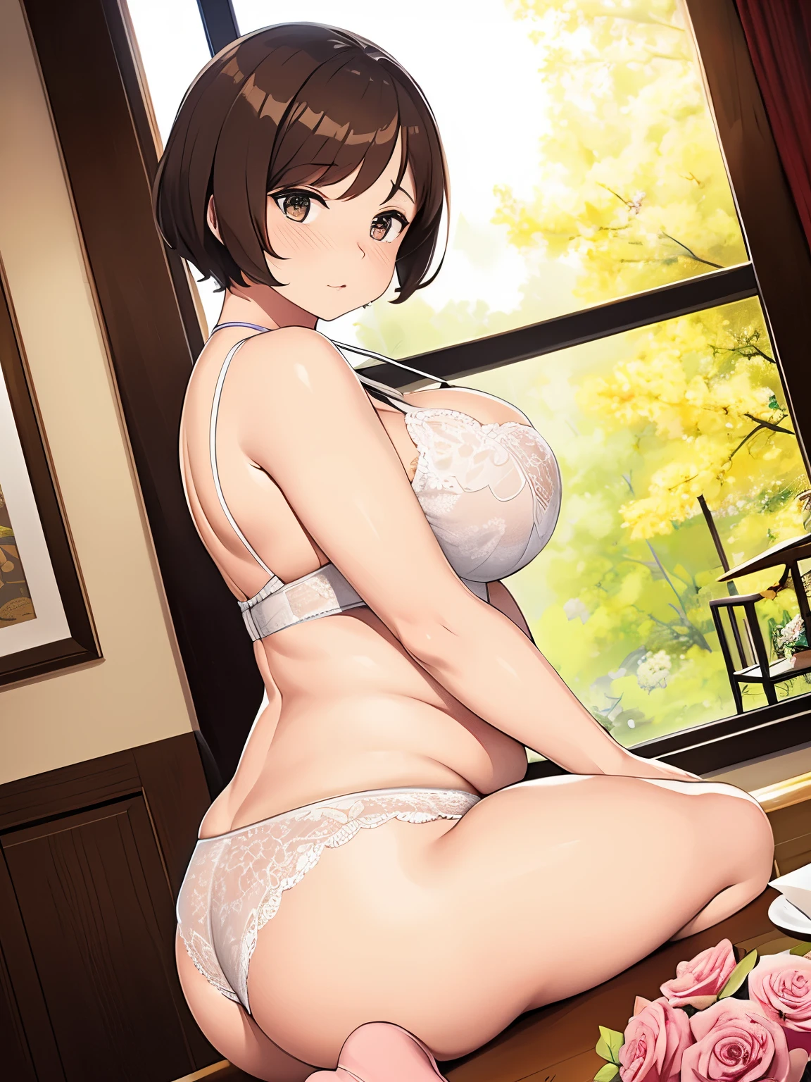 ((highest quality, masterpiece)),milf、(plump:1.4、backwards、butt)、cute pose、(Beige luxury lingerie made of lace material、flower embroidery)、Splashing Sweat、、blush:1.3), ((mature woman:1.5、orgasm:1.5、blush、blush、dark brown hair、short hair、、brown eyes), 、Hotel、、cinematic angle
