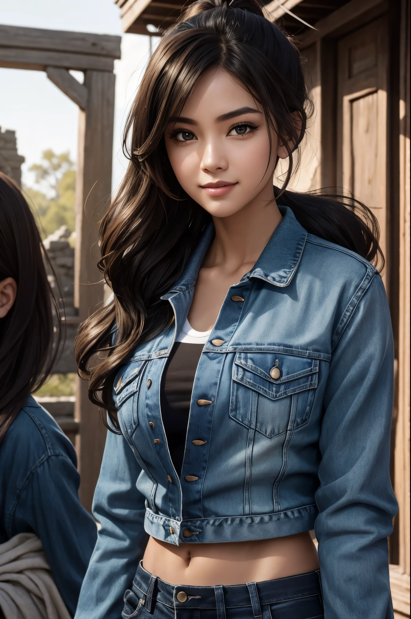 8k,twin sisters,super beautiful(like the real thing),My older sister is cool and short and has very big breasts.,lean muscular body,sexy,Crisp narrow eyes,black eye,cool smile,black long perm,black jeans,compensate,super realistic skin,My sister is tall and muscular with a small chest., muscular slim body,Severely cracked abdominal muscles,Big eyes,black eye,light brown hair ponytail,派手なcompensate,blue jeans,A bold smile,masterpiece,Photorealistic RAW photos of the highest quality。bright colors,rich colors, Backlight, cinematic lighting, film grain, to be born, 50mm lens, Nikon D850,detailed character art,fantasy art,ultra high resolution,super realistic skin,perfect hand shape,In front of an abandoned temple,beautiful expression,Close-up,beautiful sisters(like the real thing),Makeup,my sister is short,my sister is tall,My sister is wearing a black shirt and a blue jacket,My sister is wearing a white shirt and a blue jacket,