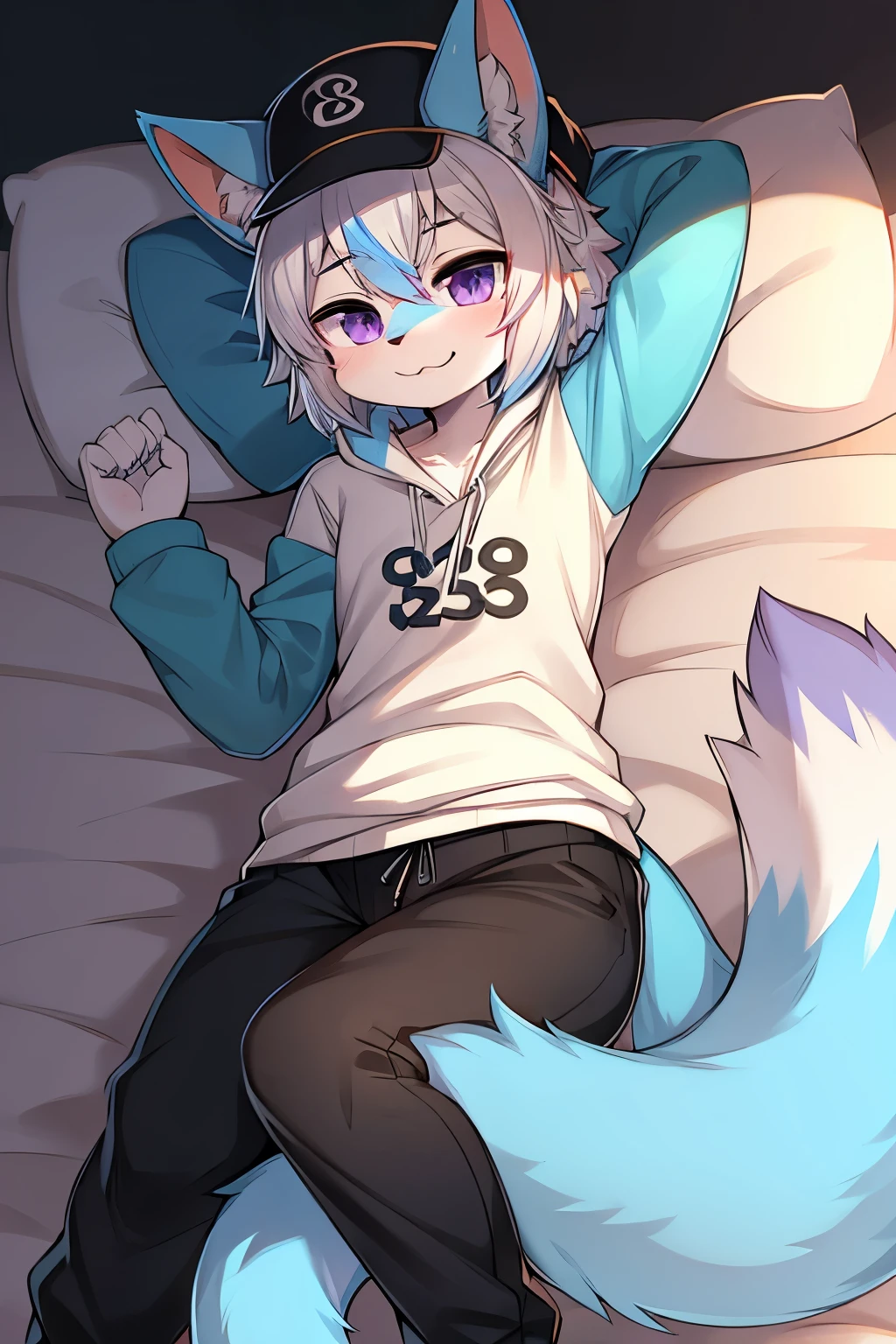 cat plush，hairy，furry，with hat，Colorful Patterned White Sweatshirt，Black casual pants with white stripes，Q version，cute，Simple art style，Cartoon style，purple eyes，Cheerful，happy，Ears with blue hair and ear tips with white hair，blue hair on back，hairy 蓬松的狼尾，Big tail blue tail tip white，blue graffiti background