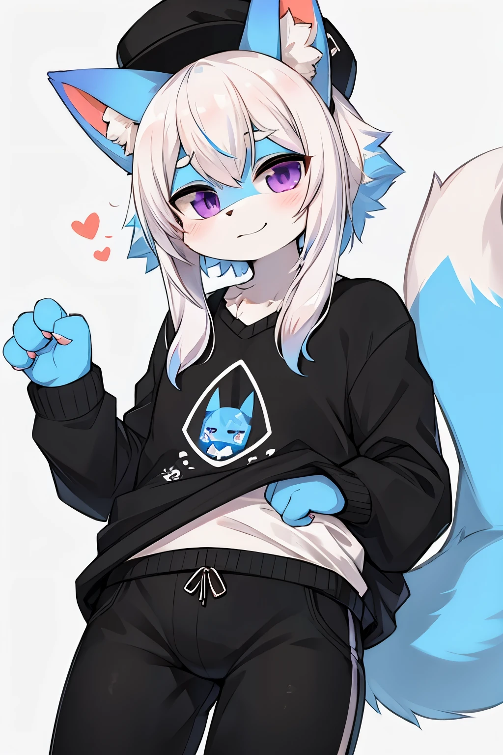 cat plush，hairy，furry，with hat，Colorful Patterned White Sweatshirt，Black casual pants with white stripes，Q version，cute，Simple art style，Cartoon style，purple eyes，Cheerful，happy，Ears with blue hair and ear tips with white hair，blue hair on back，hairy 蓬松的狼尾，Big tail blue tail tip white，blue graffiti background