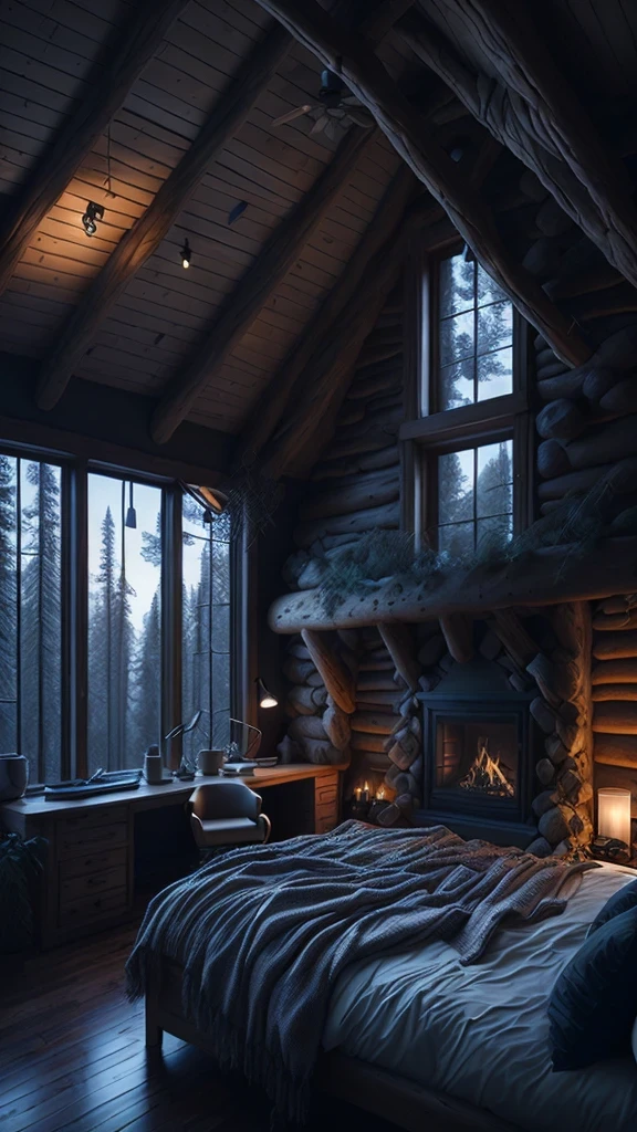 arafed bedroom with a bed and a fireplace in a cabin, cozy place, cozy and calm, cozy room, cozy environment, cozy and peaceful atmosphere, cozy atmospheric, cozy wallpaper, in a cabin, cozy setting, cosy vibes, cozy atmosphere, cosy atmoshpere, daily render, cabin in the woods, very cozy, cozy bed, 🌲🌌
