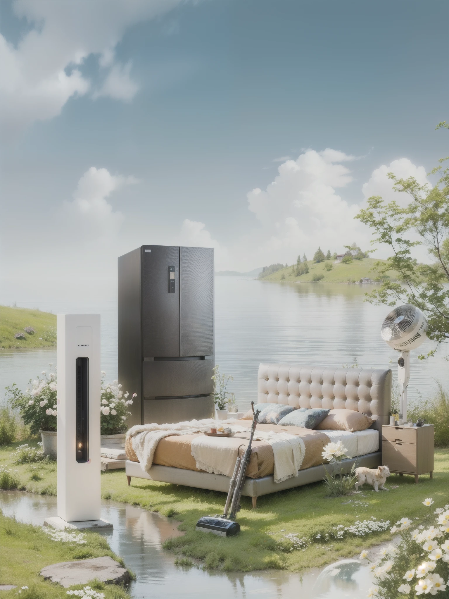 There is a bed, refrigerator, and a tv in the field, Peaceful surroundings, sunny environment, peaceful scene, environment, 豪华environment, 安静的environment, 夏季environment, summer morning, romantic atmosphere, Highly detailed composition, Sci-fi gadgets in the pond, 放松的environment, sunny ambiance, my home, summer feeling, personal room background, dreamlike atmosphere