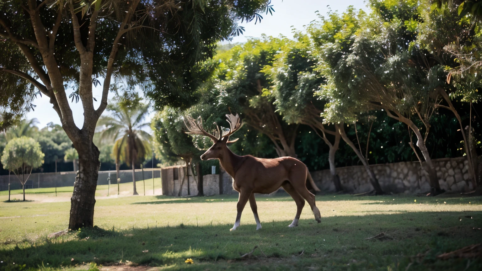 Um vale com muitas arvores, animais estra terreno ao fundo