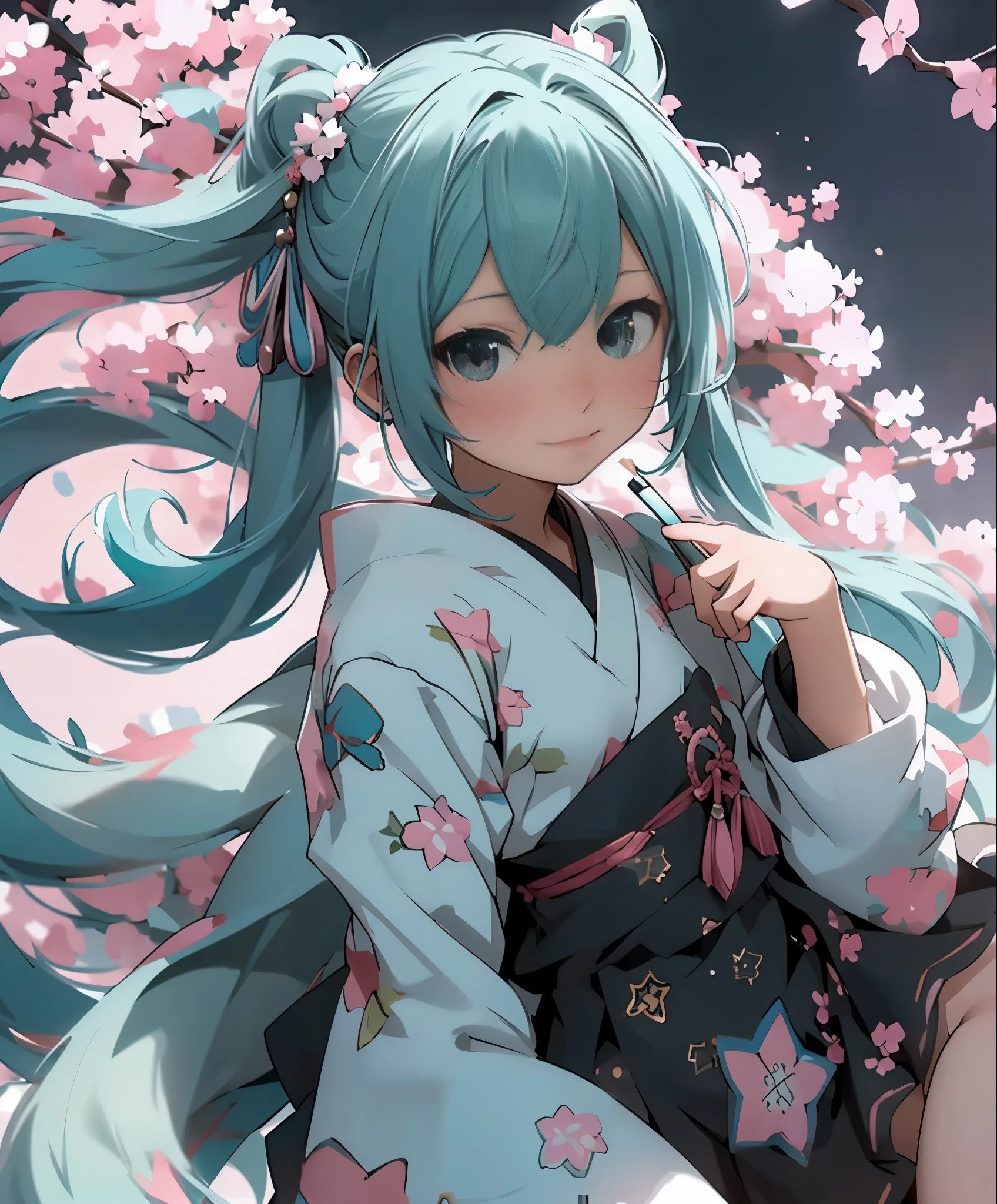 (masterpiece、highest quality、highest quality、official art、beautiful beautiful:1.2)、(1 girl:1.3)Hatsune Miku、twin tails,big breasts,満月を背景に月明かりの下で自転車に乗るanime girl, anime moe art style, mikudayo, Chibi anime girl, chibi girl, anime chibi, watercolor nendoroid, cute animeの女の子, (anime girl), chibi art, cute art style, Anime visuals of cute girls, chibi anime, pixiv, cute anime, starry sky!!