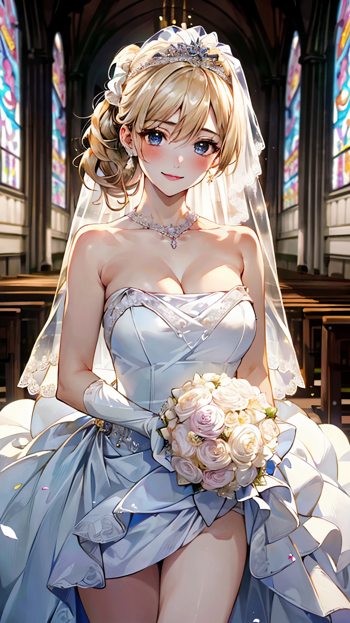 (masterpiece:1.2, top-quality, ultra high res, ultra detailed), (realistic, photorealistic:1.4), beautiful illustration, (natural side lighting, movie lighting), depth of fields,
looking at viewer, bust photo, 1 girl, 16 years old, perfect face, (perfect anatomy), cute and symmetrical face, baby face, shiny skin,
(middle hair:1.5, low ponytail:1.5, blonde hair), hair between eyes, blue eyes, pink lips, long eye lasher, (large breasts:1.3),
beautiful hair, beautiful face, beautiful detailed eyes, beautiful clavicle, beautiful body, beautiful chest, beautiful thigh, beautiful legs, beautiful fingers,
detailed cloth texture, wedding princess dress, head flower, headdress, (bandeau wedding dress:1.5), (silk dress:1.2), (strapless wedding dress:1.5),
plain white dress, necklace, earring, cleavage, bouquet, (lace gloves:1.2), (bridal veil:1.2),(short transparent veil:1.2),
(beautiful scenery), evening, crystal clear sunlight, (church, stained glass) standing, (happy smile, blush),