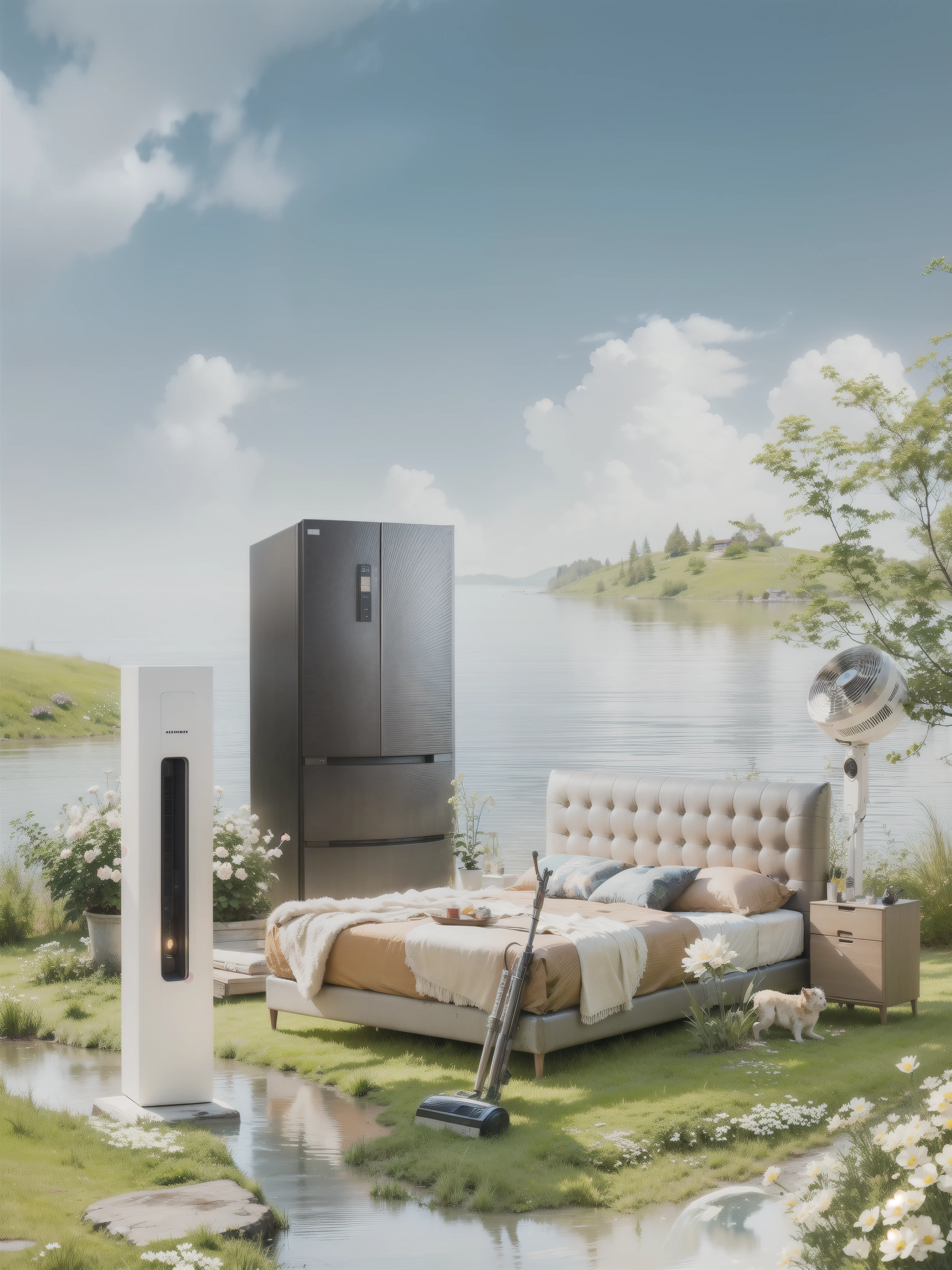 There is a bed, refrigerator, and a TV on site, 安静的environment, sunny environment, peaceful scene, environment, 豪华environment, 安静的environment, 夏季environment, summer morning, romantic atmosphere, Highly detailed composition, Sci-fi gadgets in the pond, 放松的environment, sunny atmosfhere, my home, summer feeling, personal room background, dreamlike atmosphere