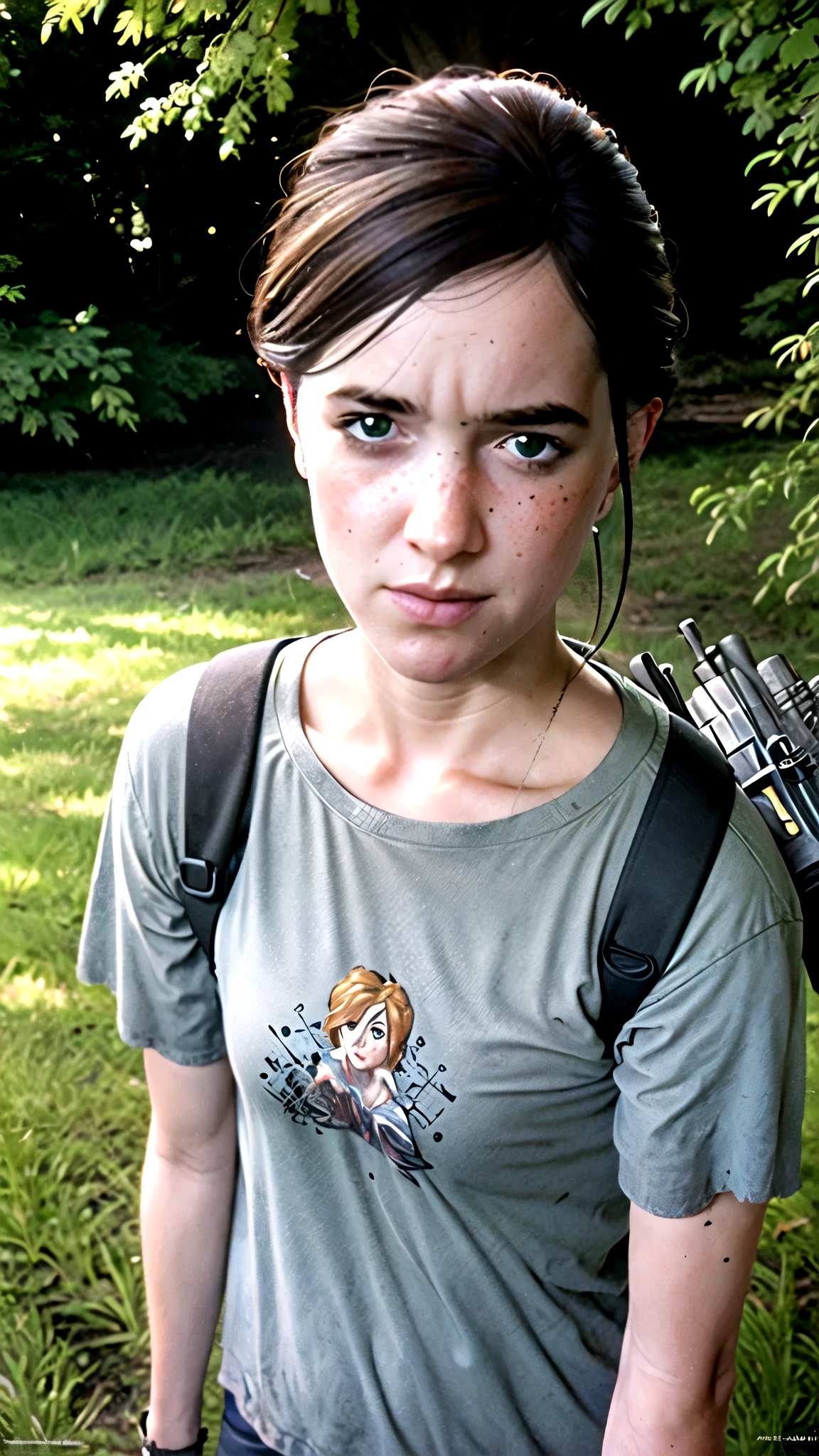 Ellie from the last of us PS5 edition, in the middle of overgrown ruins on a hot summer day, wearing a blue horizon zero dawn shirt, high detailed face, insane detail, Ellie shooting with her Bow on an zombie