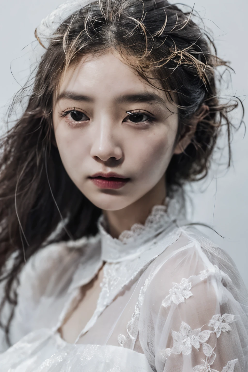Close-up of a woman with a shaved face and white lace collar, Minchen Shen, eiko ishioka, Jinna Chan, Kim Hyun Joo, Shwehan, jin kim, Ruan Jian, jisu choe, inspired by Shigeru Aoki, Wooliu, Masha Krasnova, Lou Zhi, inspired by Yukihiko Yasuda