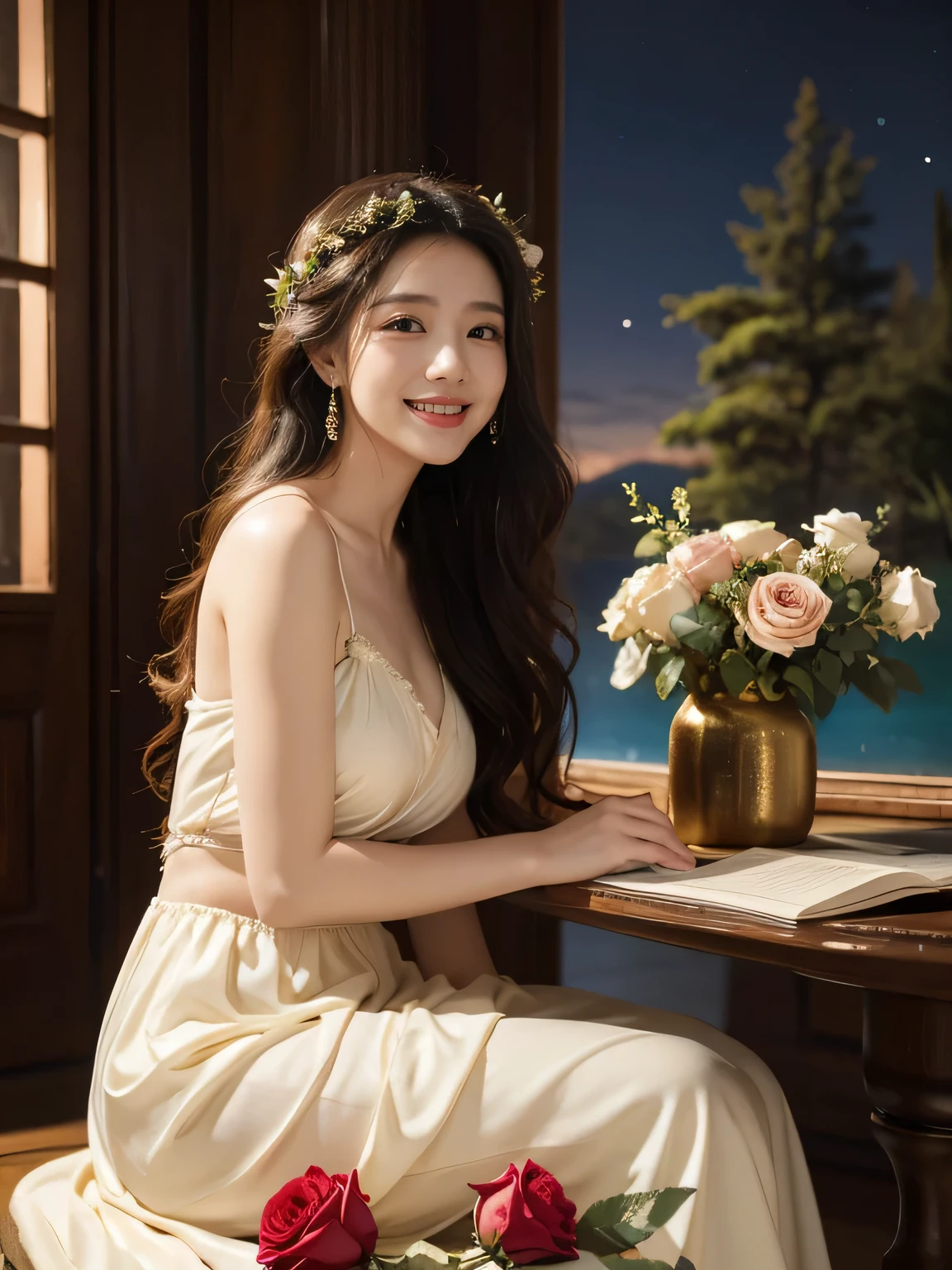 Giorgione painting style,Arguments of two female P、roses in vase、fruits、Cute trinkets、smile、ancient greek costume、Background is a forest lake at night 、Clothes that stretch your shoulders、A big smile、beautiful bare skin,Woman singing with sheet music