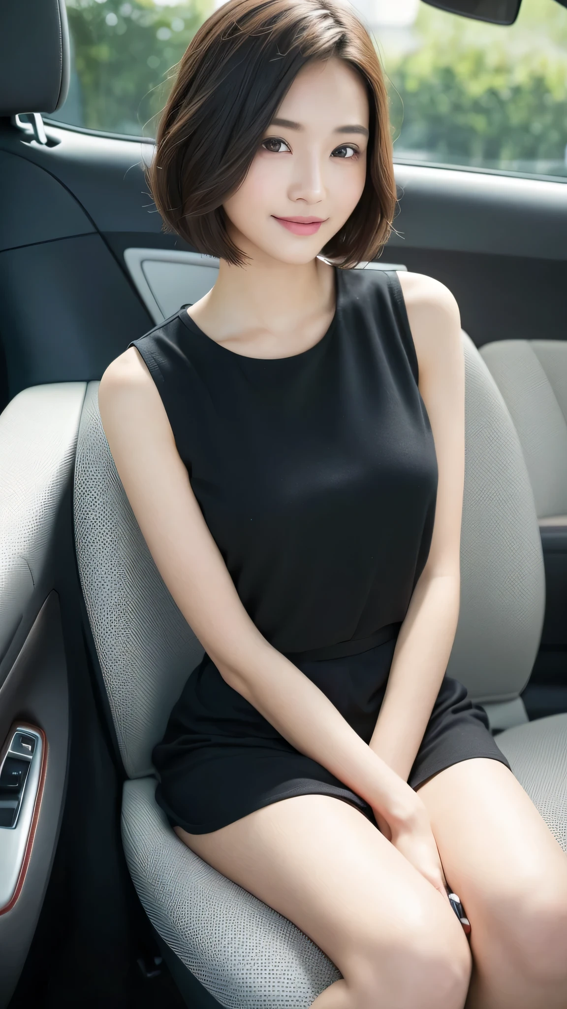 RAW photo, best image quality, 8k, genuine, genuine, super fine, super fineビューティー, professional writing, facial writing, written boundary depth, single focus, whole body, 25 year old female, small head, beautiful eyes, genuineな顔, genuineな肌, narrow eyes, (Fashionable hair:1. 3), Beautiful woman, cute face, short cut hair, sexy dress, Campaign Girl、sheet、sitting、Inside the car、sit in the driver's seat's sheet、Behind the wheel of a car,Driving a car、smile、beautiful feet、thighs、