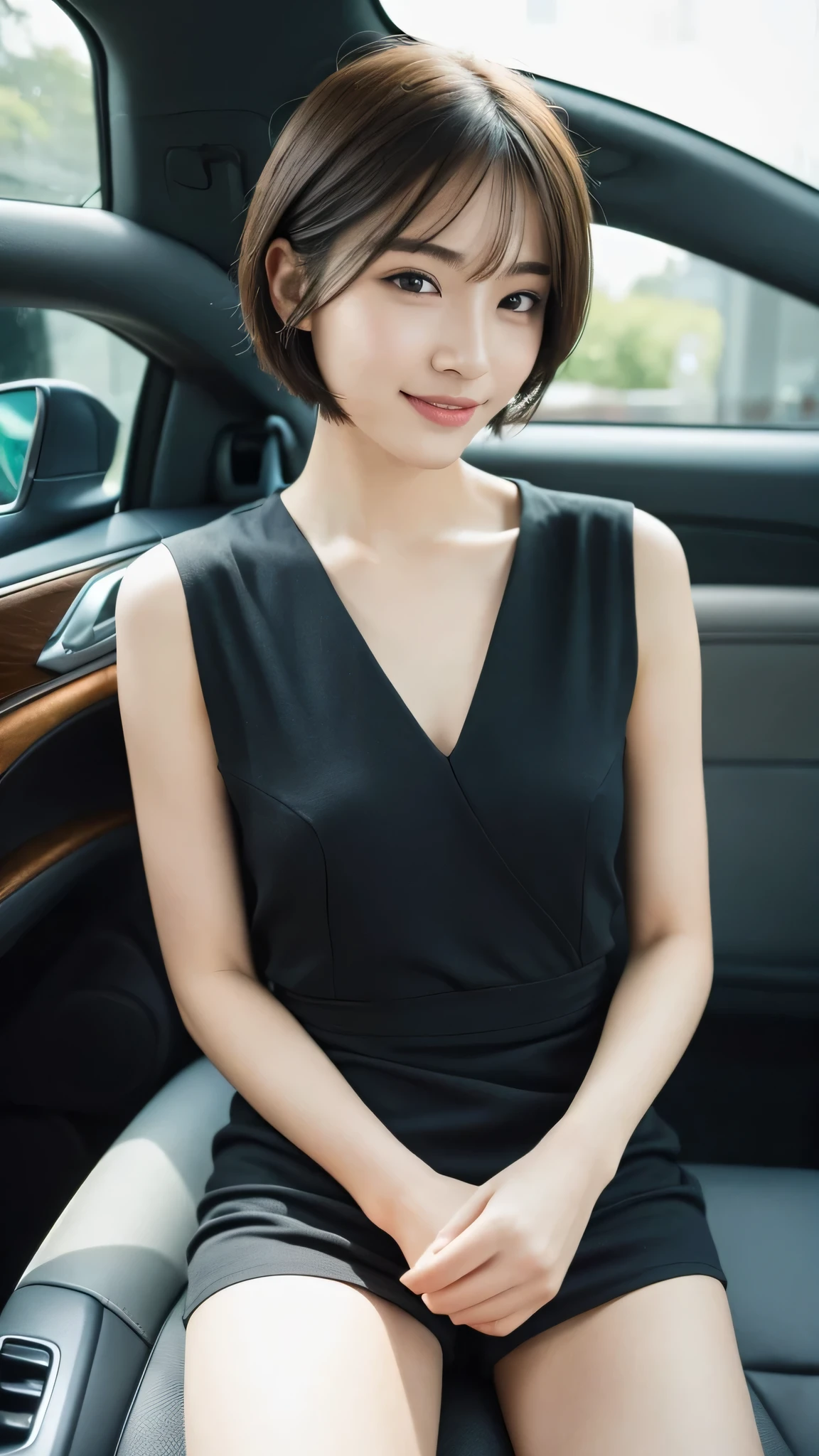 RAW photo, best image quality, 8k, genuine, genuine, super fine, super fineビューティー, professional writing, facial writing, written boundary depth, single focus, whole body, 25 year old female, small head, beautiful eyes, genuineな顔, genuineな肌, narrow eyes, (Fashionable hair:1. 3), Beautiful woman, cute face, short cut hair, sexy dress, Campaign Girl、sheet、sitting、Inside the car、sit in the driver's seat's sheet、Behind the wheel of a car,Driving a car、smile、beautiful feet、thighs、
