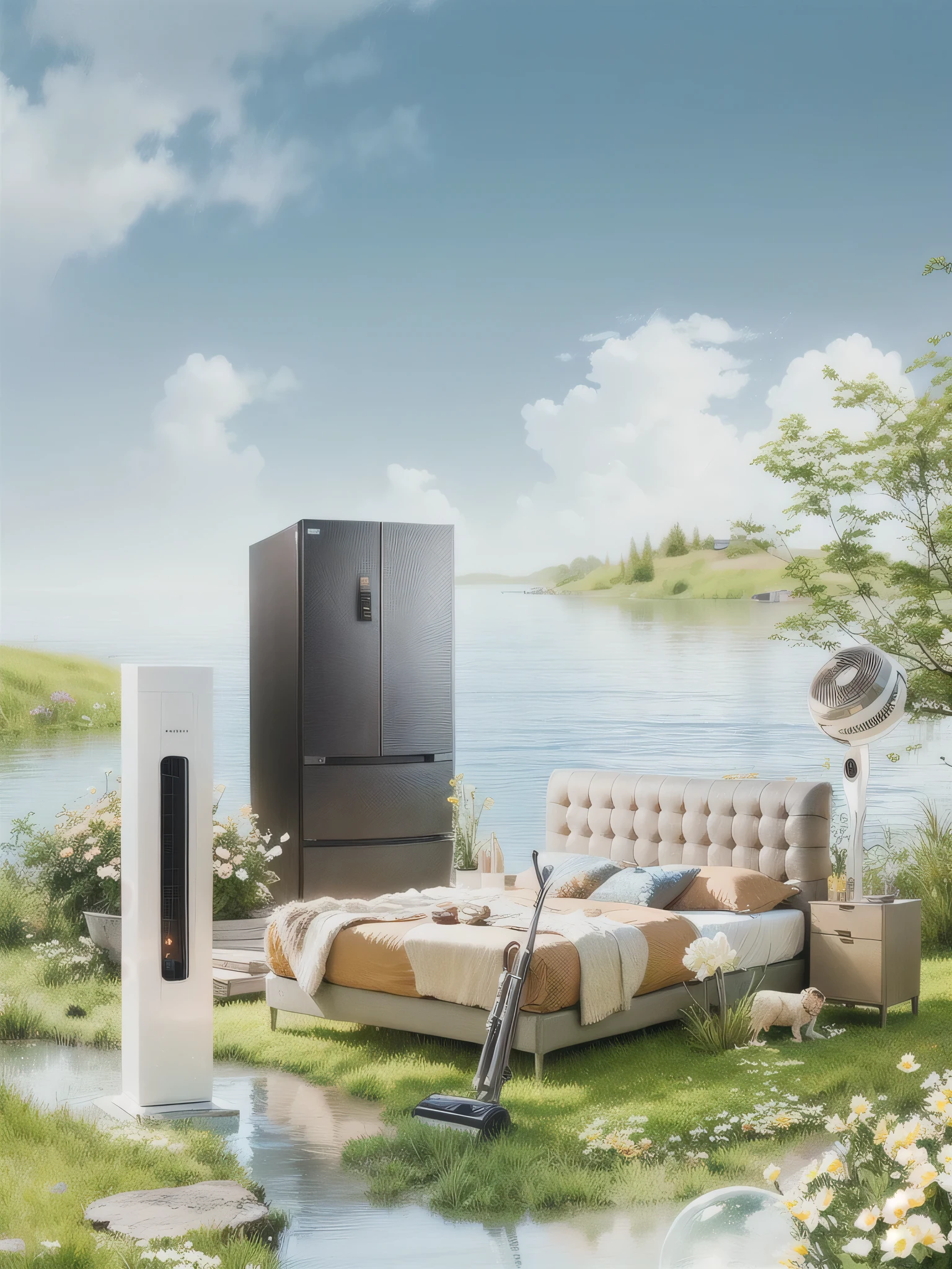 There is a bed, refrigerator, and a TV on site, 安静的environment, sunny environment, peaceful scene, environment, 豪华environment, 安静的environment, 夏季environment, summer morning, romantic atmosphere, Highly detailed composition, Sci-fi gadgets in the pond, 放松的environment, sunny atmosfhere, my home, summer feeling, personal room background, dreamlike atmosphere