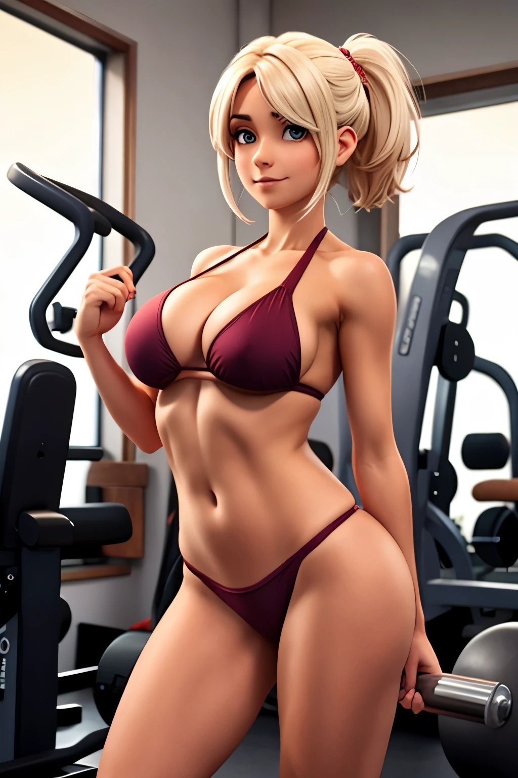 Uma garota sexy com cabelos castanhos, ela tem os maiores peitos e bunda do mundo, she is at the gym, wearing a small burgundy bikini