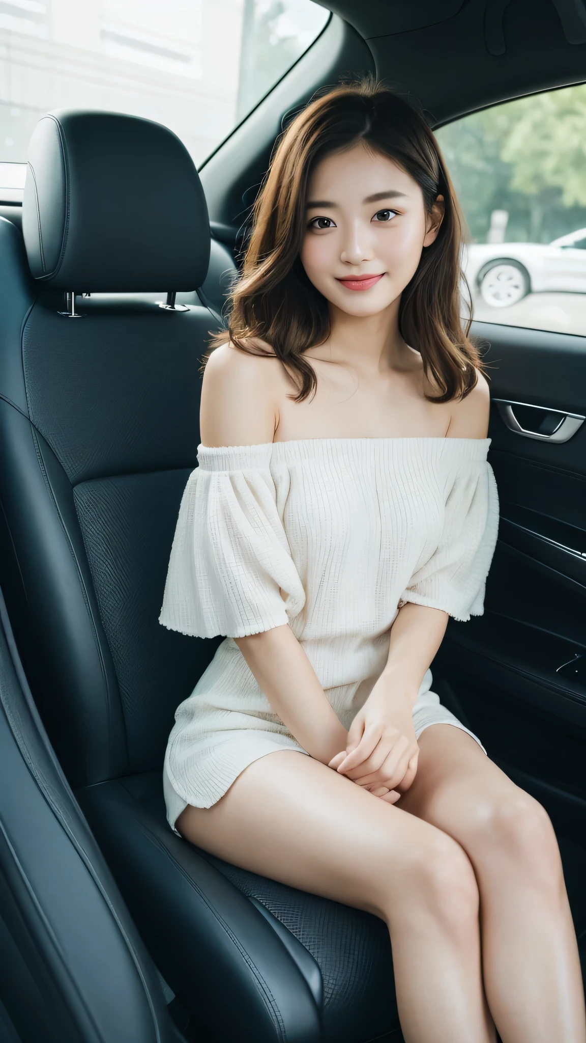 RAW photo, best image quality, 8k, genuine, genuine, super fine, super fineビューティー, professional writing, facial writing, written boundary depth, single focus, whole body, 25 year old female, small head, beautiful eyes, genuineな顔, genuineな肌, narrow eyes, (Fashionable hair:1. 3), Beautiful woman, cute face, fashionable girl, off shoulder dress, Campaign Girl、sheet、sitting、Inside the car、sit in the driver's seat's sheet、Behind the wheel of a car,Driving a car、smile、beautiful feet、thighs、