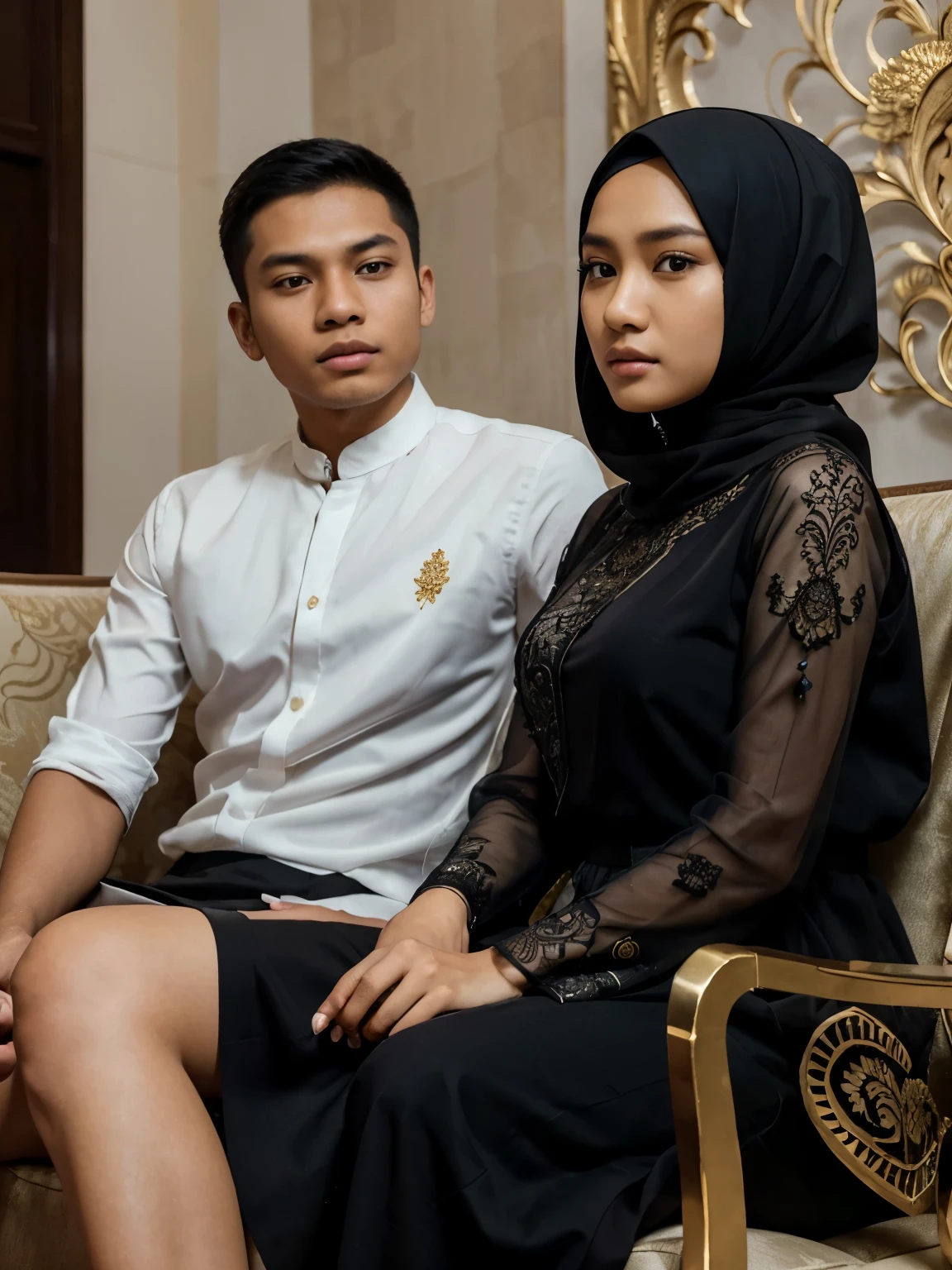 a young Indonesian man sitting on the sofa posing next to a young Indonesian woman. beautiful young woman, Hijab, formal black long dress. best quality, realistic, photorealistic, (intricate detail: 1.2), (fine detail), clear lines, sharp focus, realistic face, detailed face, 8k white wallpaper, very high resolution, (photorealistic: 1.4), He is looking towards viewer