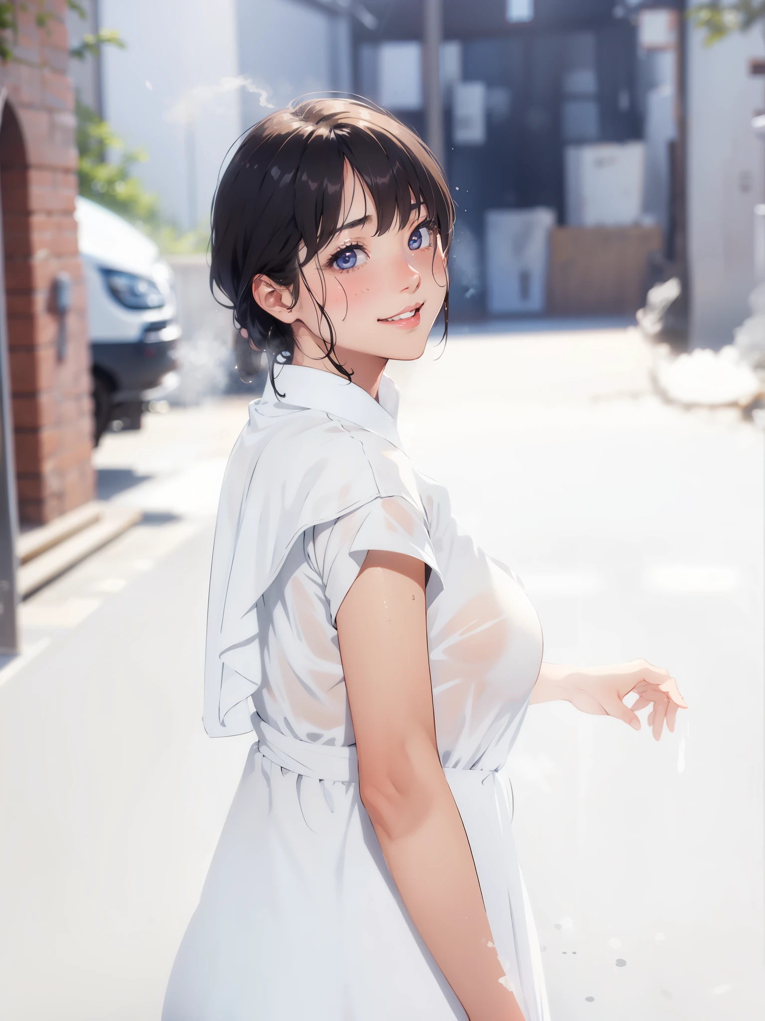 girl, detailed eyes, sweat, steam, medium breast, nsfw, shy, light smile,