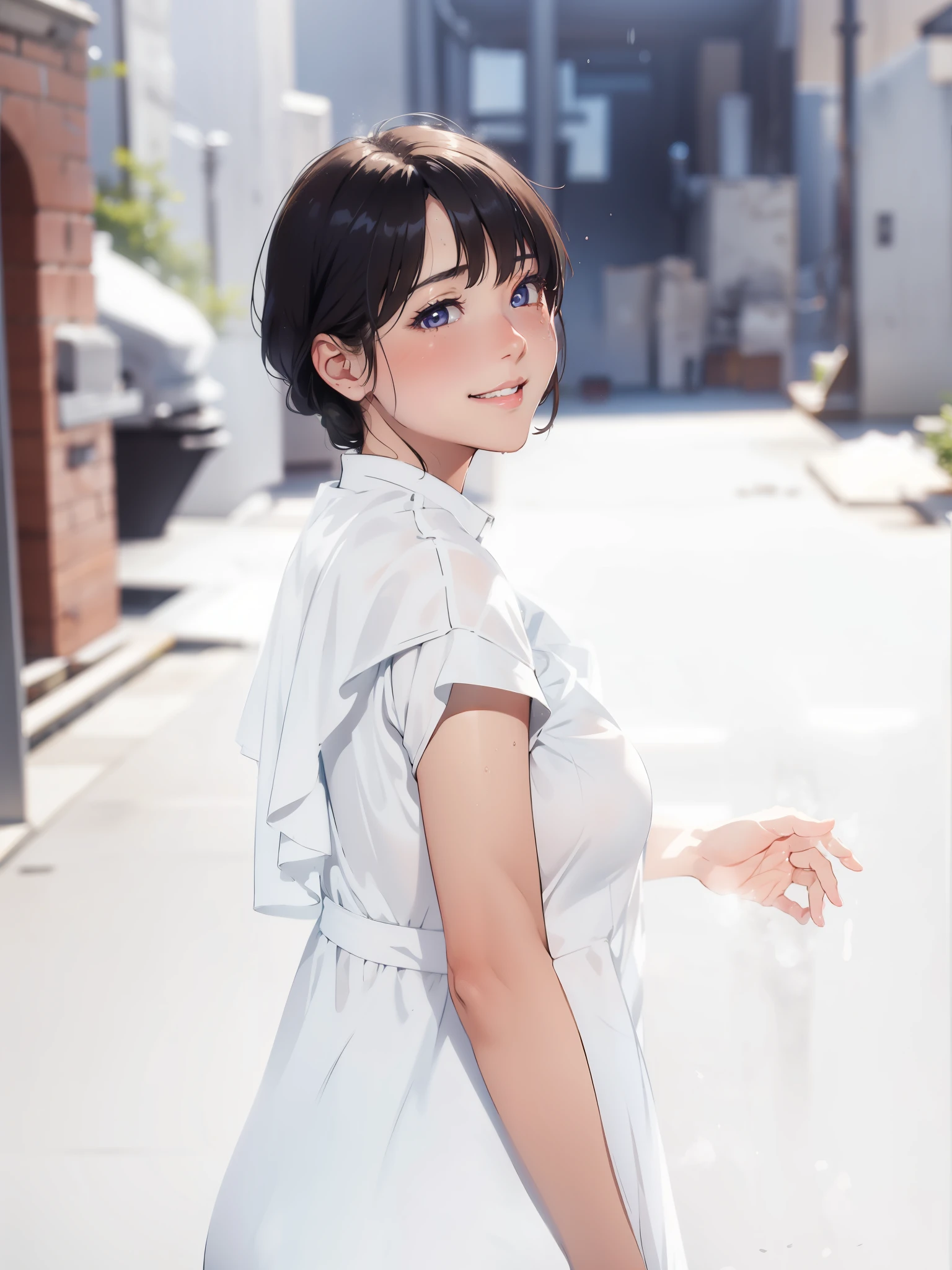 (masterpiece:1.2, top-quality), (realistic, photorealistic:1.4), beautiful illustration, (natural side lighting, movie lighting), nsfw,
looking at viewer, (face focus, upper body), front view:1.0, 1 girl, japanese, office lady, , perfect face, cute and symmetrical face, shiny skin,
(short hair, pixie cut hairstyle, flipped hair, navy hair), hair between eyes, dark blue eyes, long eye lasher, (medium breasts), slender,
beautiful hair, beautiful face, beautiful detailed eyes, beautiful clavicle, beautiful body, beautiful chest, beautiful thigh, beautiful legs, beautiful fingers,
((white collar light blue blouse, navy mini skirt)),
(beautiful scenery), evening, (outside park), standing, (hand up, waving hand), head tit, (happy smile, upper eyes),