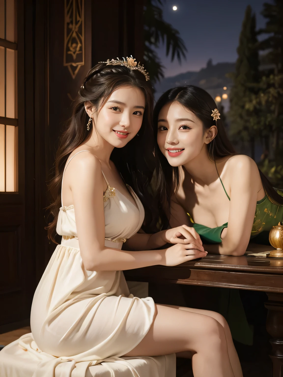 Giorgione painting style,Arguments of two female P、roses in vase、fruits、Cute trinkets、smile、ancient greek costume、Background is a forest lake at night 、Clothes that stretch your shoulders、A big smile、beautiful bare skin,Woman singing with sheet music