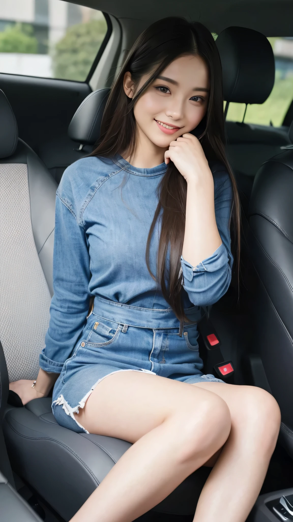 RAW photo, best image quality, 8k, genuine, genuine, super fine, super fineビューティー, professional writing, facial writing, written boundary depth, single focus, whole body, 25 year old female, small head, beautiful eyes, genuineな顔, genuineな肌, narrow eyes, (Fashionable hair:1. 3), Beautiful woman, cute face, fashionable girl, sexy dress, Campaign Girl、sheet、sitting、Inside the car、sit in the driver's seat's sheet、Behind the wheel of a car,Driving a car、smile、beautiful feet、thighs、