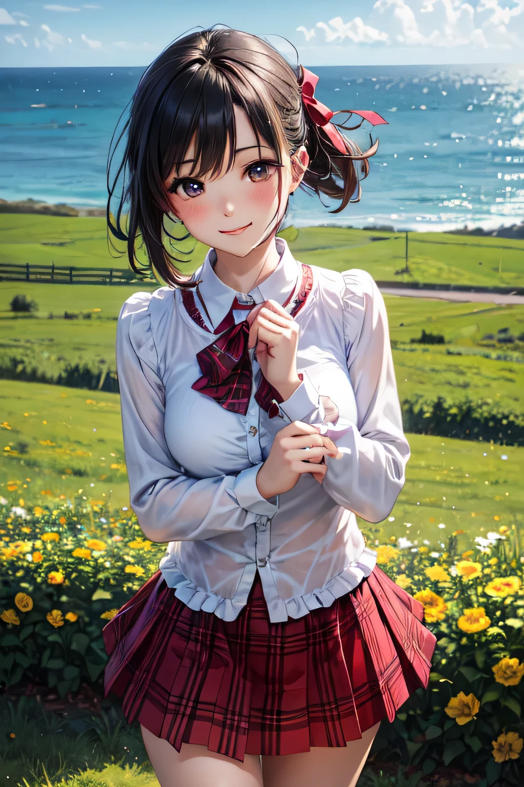 (masterpiece, best quality, detailed), 1girl, solo, looking at viewer, hilda pokemon, high ponytail,long hair, blue eyes,
school uniform, pleated skirt, neckerchief, kneehighs, miniskirt, hair ribbon, outdoors, garden, grass, sunset, hydrangea, <lora:breasts_squeezed_together_v0.2:1> breasts squeezed together, hands on own chest, parted lips, nose blush
