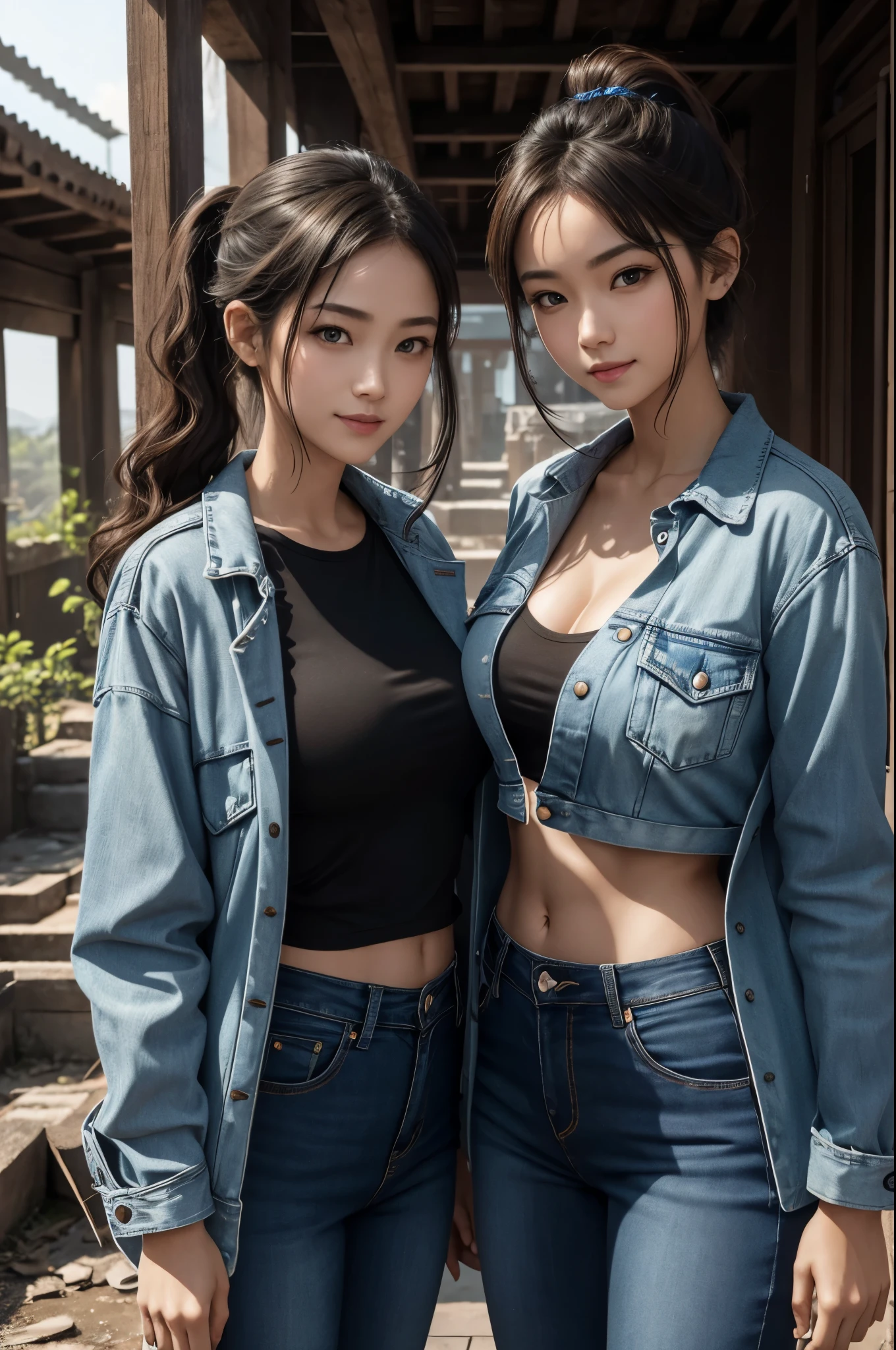 8k,twin sisters,super beautiful(like the real thing),My older sister is cool and short and has very big breasts.,lean muscular body,sexy,Crisp narrow eyes,black eye,cool smile,black long perm,black jeans,compensate,super realistic skin,my sister has small breastsの高身長で筋肉質です, muscular slim body,Severely cracked abdominal muscles,Big eyes,black eye,light brown hair ponytail,派手なcompensate,blue jeans,A bold smile,masterpiece,Photorealistic RAW photos of the highest quality。bright colors,rich colors, Backlight, cinematic lighting, film grain, to be born, 50mm lens, Nikon D850,detailed character art,fantasy art,ultra high resolution,super realistic skin,perfect hand shape,In front of an abandoned temple,beautiful expression,Close-up,beautiful sisters(like the real thing),Makeup,my sister is short,my sister is tall,My sister is wearing a black shirt and a blue combat jacket.,My sister has a slender body and very big breasts.,My sister is wearing a white shirt and a long blue jacket.,my sister has small breasts,