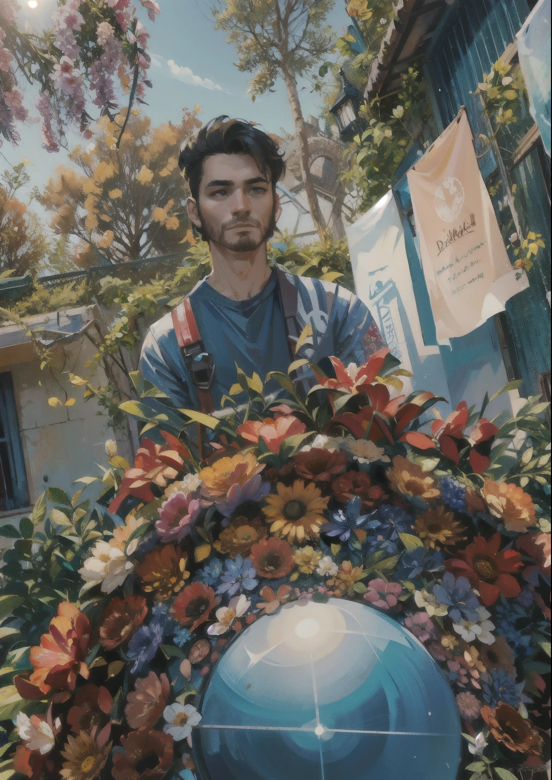 arafed man standing behind a wreath of flowers in front of a building, around 1 , competition winning, showpiece, very very low quality picture, 1614572159, wonderful masterpiece, flowers around, with flowers, tribute to life, he is about 20 years old, he is about 2 0 years old