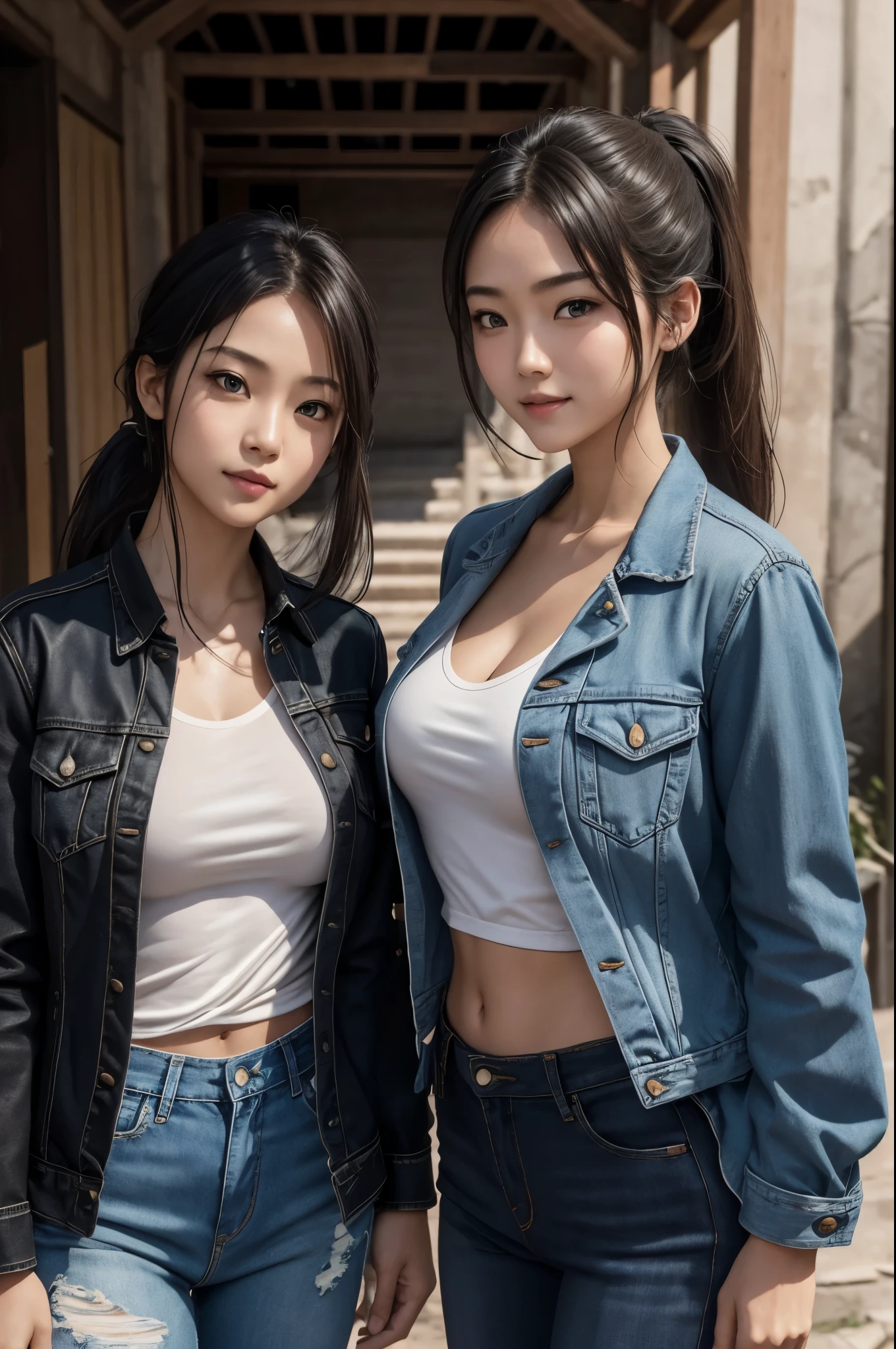 8k,twin sisters,super beautiful(like the real thing),My older sister is cool and short and has very big breasts.,lean muscular body,sexy,Crisp narrow eyes,black eye,cool smile,black long perm,black jeans,compensate,super realistic skin,my sister has small breastsの高身長で筋肉質です, muscular slim body,Severely cracked abdominal muscles,Big eyes,black eye,light brown hair ponytail,派手なcompensate,blue jeans,A bold smile,masterpiece,Photorealistic RAW photos of the highest quality。bright colors,rich colors, Backlight, cinematic lighting, film grain, to be born, 50mm lens, Nikon D850,detailed character art,fantasy art,ultra high resolution,super realistic skin,perfect hand shape,In front of an abandoned temple,beautiful expression,Close-up,beautiful sisters(like the real thing),Makeup,my sister is short,my sister is tall,My sister is wearing a black shirt and a blue combat jacket.,My sister has a slender body and very big breasts.,My sister is wearing a white shirt and a long blue jacket.,my sister has small breasts,