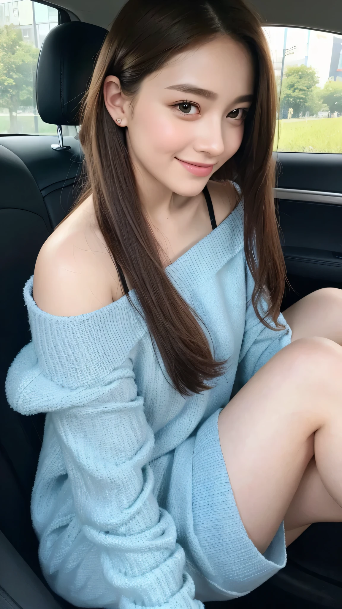 RAW photo, best image quality, 8k, genuine, genuine, super fine, super fineビューティー, professional writing, facial writing, written boundary depth, single focus, whole body, 25 year old female, small head, beautiful eyes, genuineな顔, genuineな肌, narrow eyes, (Fashionable hair:1. 3), Beautiful woman, cute face, fashionable girl, off shoulder dress, Campaign Girl、sheet、sitting、Inside the car、sit in the driver's seat's sheet、Behind the wheel of a car,Driving a car、smile、beautiful feet、thighs、